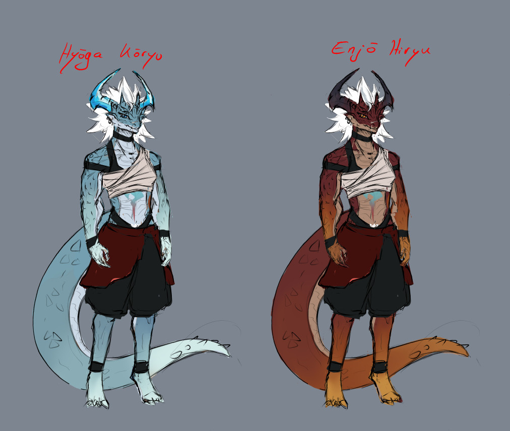 Picture of a white and red variation of a female Dragonborn from DND in light clothing. The 2 distinctive names are describing her 2 main personas- Enjo, the original and Hyoga, the pseudonym she takes on after she is transformed and goes into the world to save her fiancee and village.