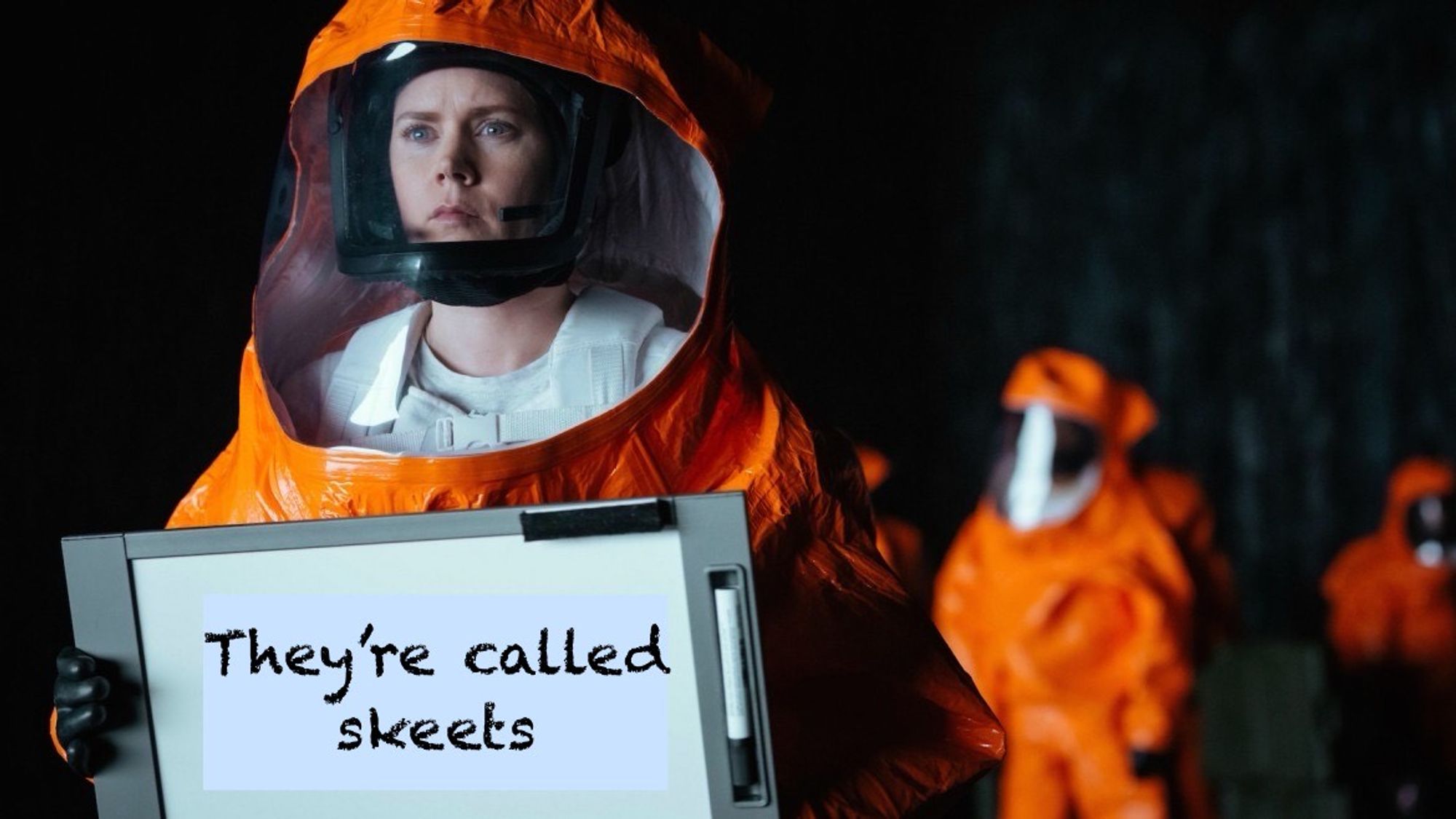 Scene from movie Arrival, woman in orange hazmat suit holding up whiteboard with words “They’re called skeets.”