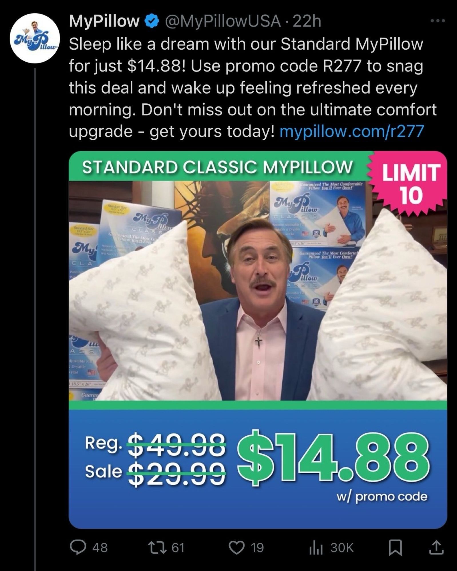 MyPillow ad offering sales price $14.88 pillows.