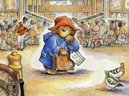 Paddington Bear at train station with people hurrying by, plus sexy ALF.