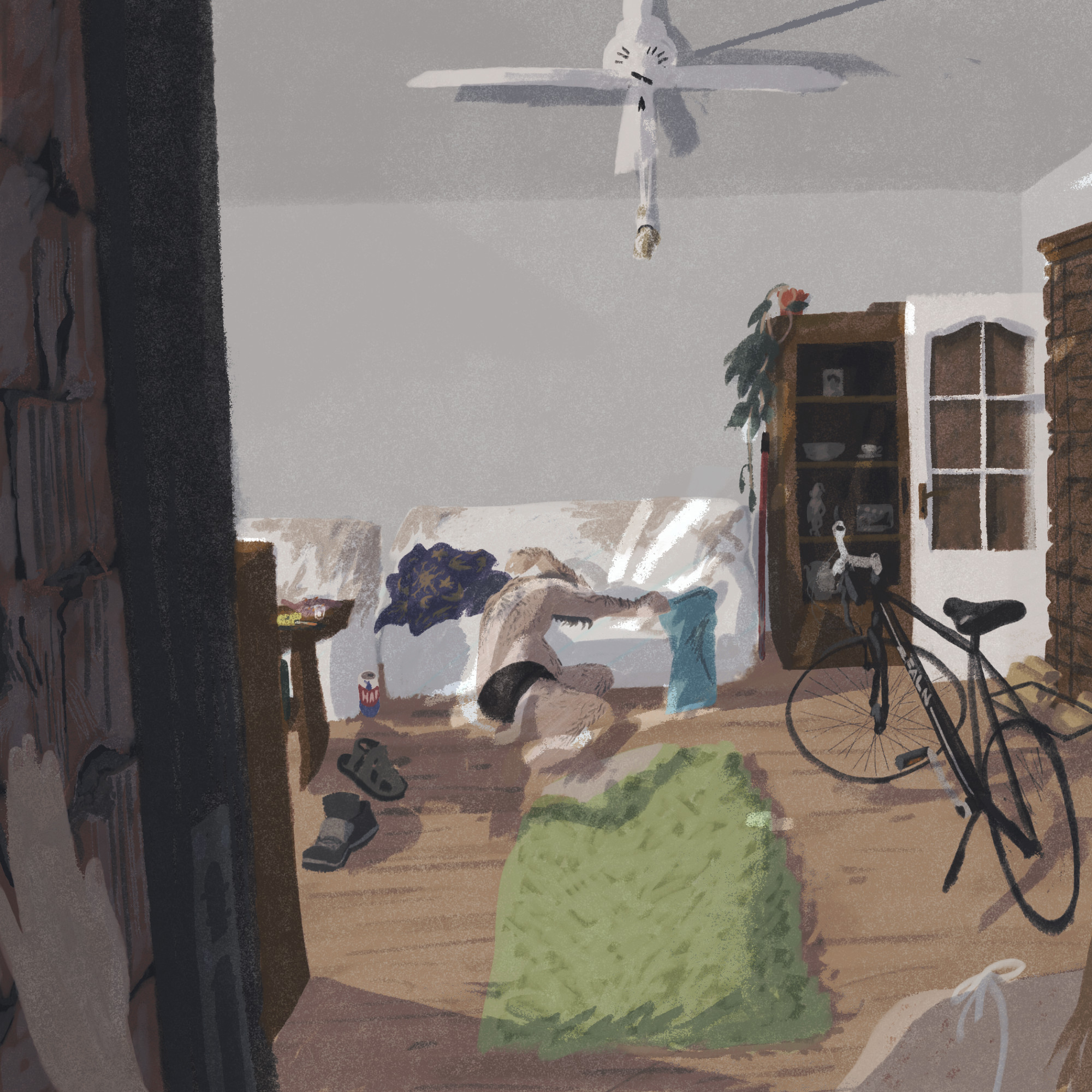 HDB from Disco Elysium is lying on the floor naked. Wearing only underwear, he's hanging onto a sofa in a cluttered apartment. A FALN-brand bike and shoe are in the apartment. A beer can is visible next to the sofa, and a machine for stuffing cigarettes with tobacco is seen on a table, with a cigarette inside. In the foreground Dora is present, looking at him. Single stripes of light from a half-covered window are hitting HDB.