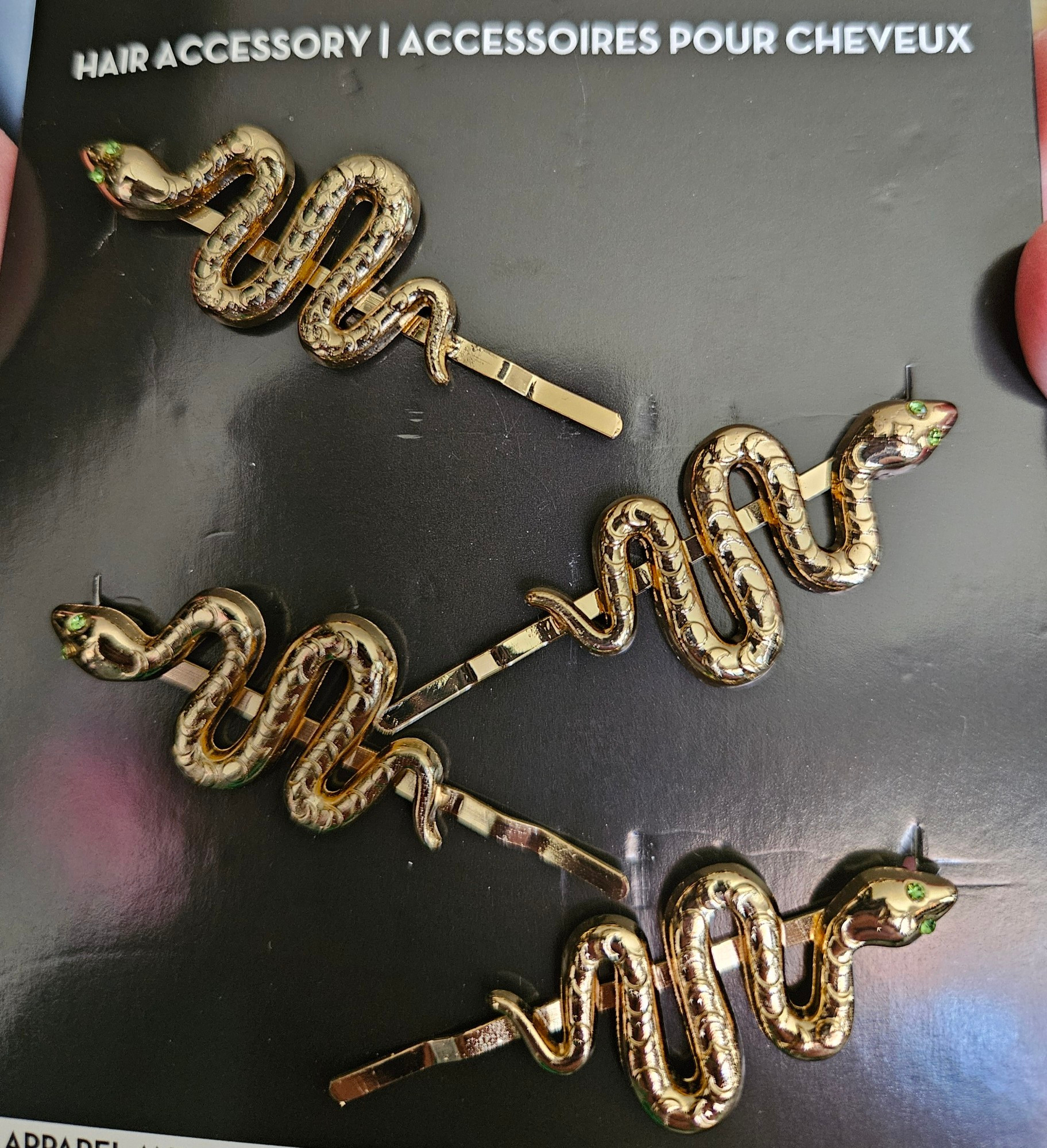 4 gold snake hair pins with green jeweled eyes