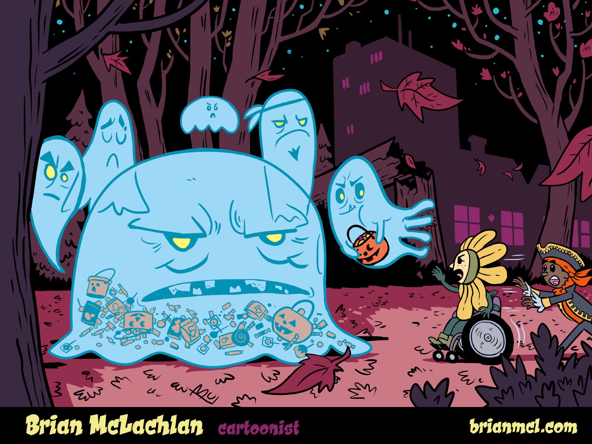 A cartoony drawing of autumn trees and a field with a mostly limited red and purple limited palette. Coming from the left of frame, a worried kid dressed as a pirate, chases am angry kid dressed as a flower who chases a ghost carrying a plastic pumpkin candy basket towards a large, wide ghost with bad teeth, whose lower half is filled with floating candy, chips and other Halloween pails. This light blue ghost is surrounded by 4 other smaller, tough looking ghosts. A gang of candy gathering ghosts. In the background are the silhouettes of some houses and an apartment building.

5 small, tough looking ghosts surround 1 large, wide ghost whose bottom half