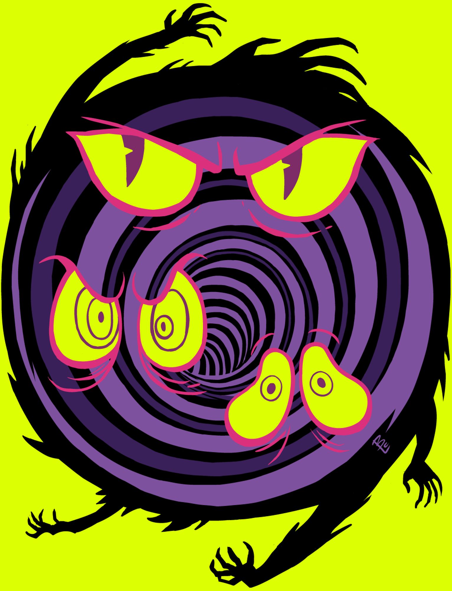 A spinning tunnel portal in black and purples, the outside edges turning into grasping hands. Over top the portal are 3 sets of cartoon eyes with magenta outlines, darker magenta pupils but the whites of the eyes are the day-glow safety yellow of the background. The eyes emotions are mean, hypnotic and worried.