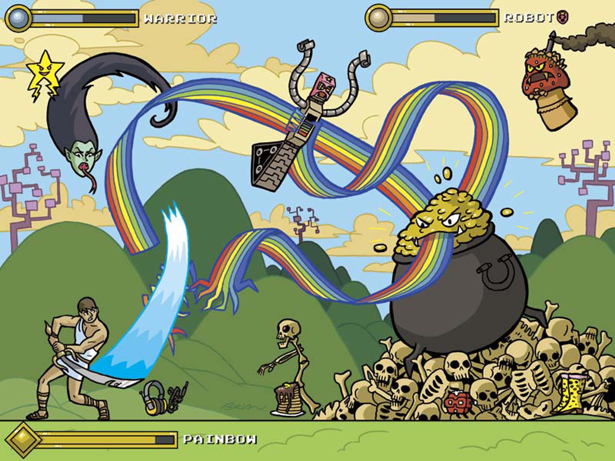 The image is a cartoon mocked up to look like a side-scrolling video game. On a background of blue skies and green hills, the games' boss is a pot of gold with three arms ending in claws that are rainbows, one of which comes from its mouth, like a tongue. Its face is in the pile of gold popping over the top of the black cauldron body. One arm is grasping a 70s/80s  robot wearing a luchadore mask. Another is slashed by a toga-wearing buff warrior with a sword. The pot sits atop a pile of bones, mostly skulls. There are power ups that include spotted go-go boots, a viewmaster, a stack of pancakes and clunky old headphones. There are two mini enemies, a floating woman's head with long trail of hair behind, like a part penanggalan, and a steam-powered flying mean mushroom. There's a mean looking star that tapers into lightning bolts on its bottom, which might be a power up or an enemy. Health bars name the heroes warrior and robot, and the villain Painbow.