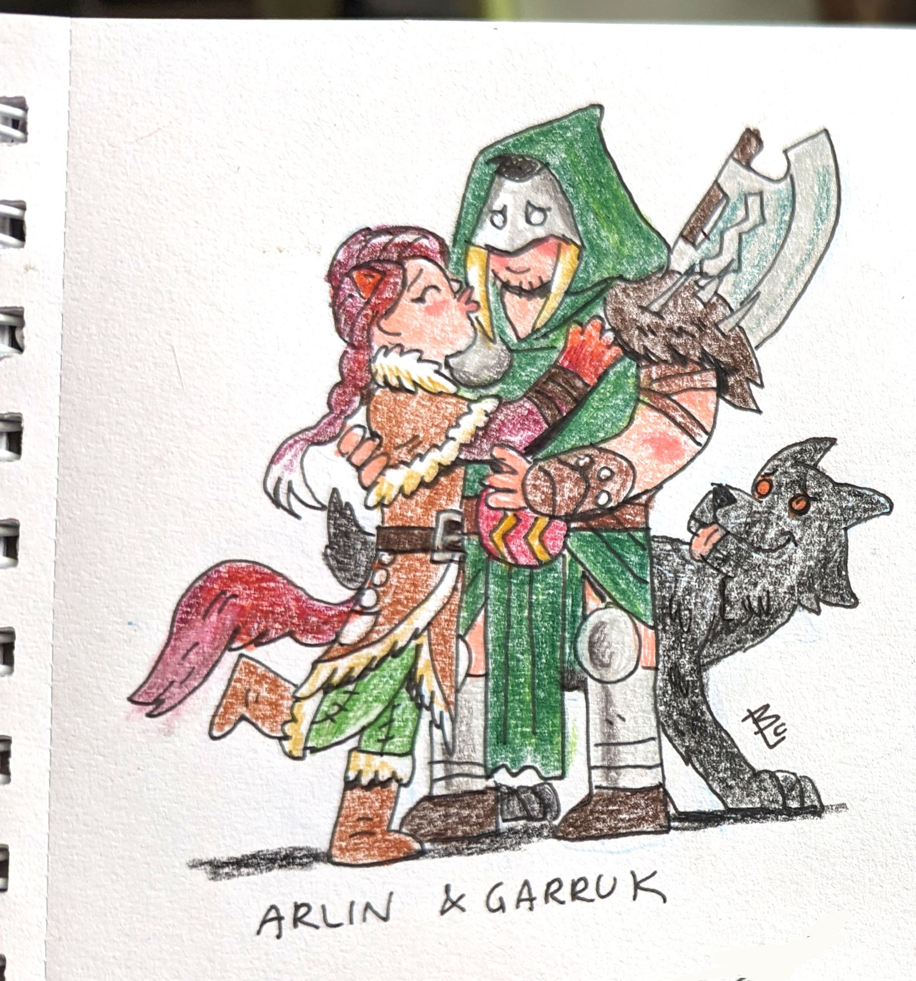 A red haired woman in deerskin clothes, red hair in a pony tail leaning in to kiss a burly man in armour and green hooded rangery clothes, with an axe on his back. He blushes and reaches to embrace her. She's got a wolf's paw, ear and tail. A black wolf look up at both happily approving.