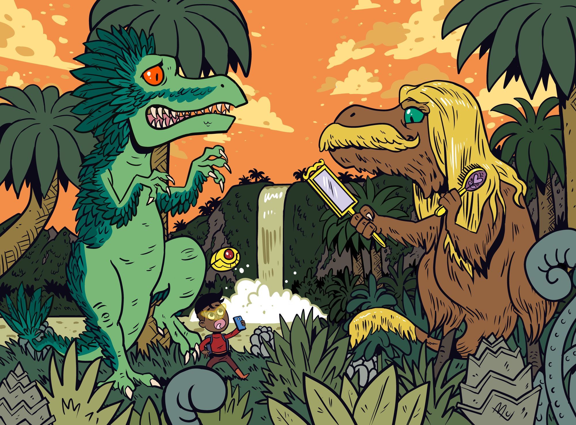 In a Jurassic landscape with an orange sunset, a little kid in space tech and green feathered T-Rex are amazed to discover a hairy T-Rex combing his long luxurious locks, a smile on his mustachioed lips.