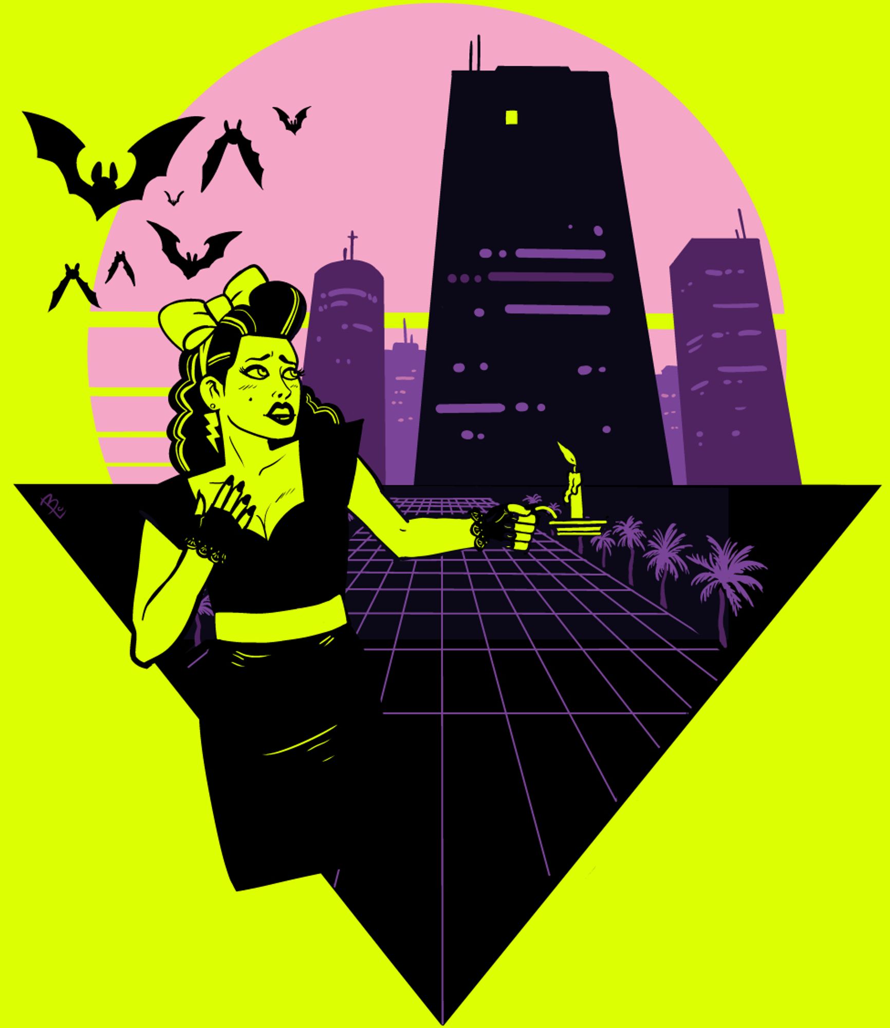 On a day-glow yellow background, a woman in an 80's puffy hairstyle, with large hair bow and lightning earrings, holding a candle looks back towards a menacing black skyscraper with one lit window (the day glow of the shirt). It is part of a purple cityscape that faces into the background with a large setting sun. Below is a black triangle with thing purple grid lined with palm trees. Black bats fly overhead.