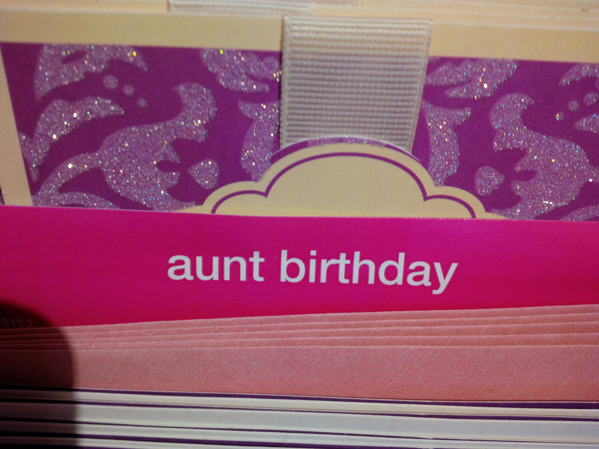 A sign in a greetings card shop that identifies the cards in front of them "aunt birthday"