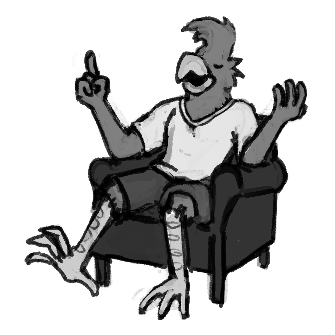 A black and white digital drawing of an anthropomorphic bird person sitting in an arm chair. They look relaxed and are gesticulating as if telling a story to onlookers