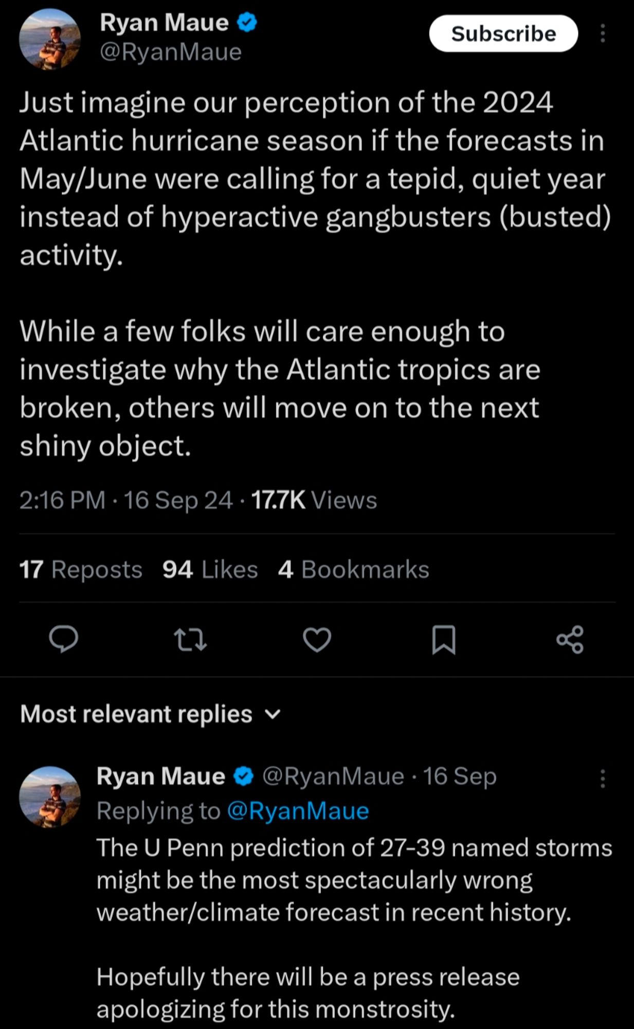 September 16, 2024 tweets from @ryanmaue

Just imagine our perception of the 2024 Atlantic hurricane season if the forecasts in May/June were calling for a tepid, quiet year instead of hyperactive gangbusters (busted) activity.  

While a few folks will care enough to investigate why the Atlantic tropics are broken, others will move on to the next shiny object.

The U Penn prediction of 27-39 named storms might be the most spectacularly wrong weather/climate forecast in recent history.  

Hopefully there will be a press release apologizing for this monstrosity.