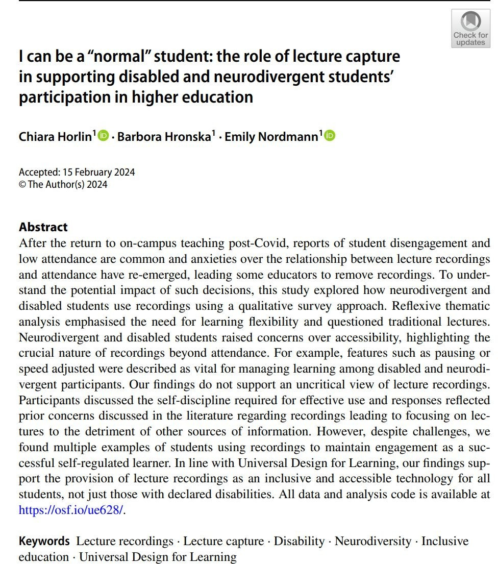 After the return to on-campus teaching post-Covid, reports of student disengagement and low attendance are common and anxieties over the relationship between lecture recordings and attendance have re-emerged, leading some educators to remove recordings. To understand the potential impact of such decisions, this study explored how neurodivergent and disabled students use recordings using a qualitative survey approach. Reflexive thematic analysis emphasised the need for learning flexibility and questioned traditional lectures. Neurodivergent and disabled students raised concerns over accessibility, highlighting the crucial nature of recordings beyond attendance. For example, features such as pausing or speed adjusted were described as vital for managing learning among disabled and neurodivergent participants. Our findings do not support an uncritical view of lecture recordings. Participants discussed the self-discipline required for effective use and responses reflected prior concerns di