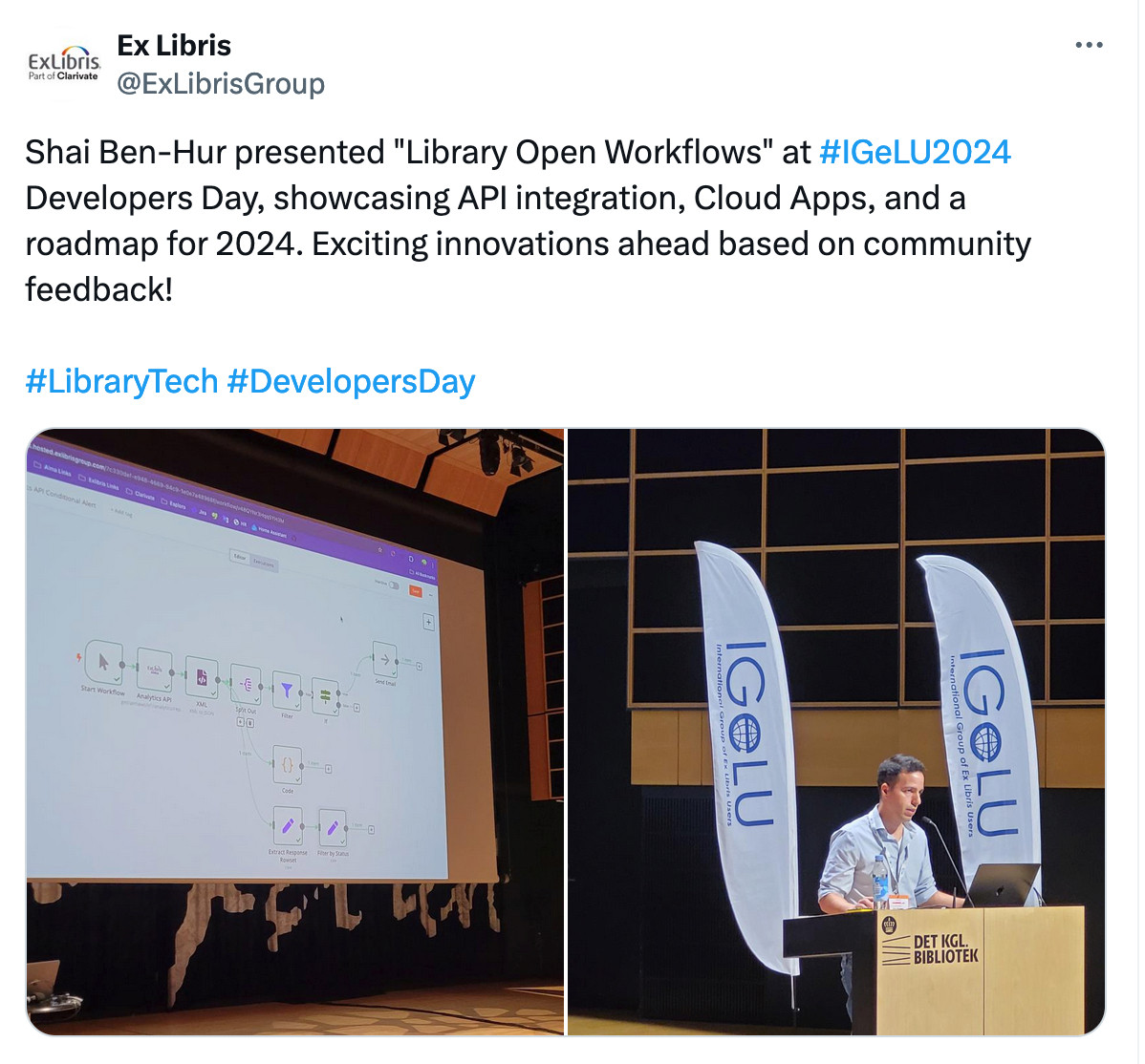 Shai Ben-Hur presented "Library Open Workflows" at #IGeLU2024 Developers Day, showcasing API integration, Cloud Apps, and a roadmap for 2024. Exciting innovations ahead based on community feedback! 

#LibraryTech #DevelopersDay