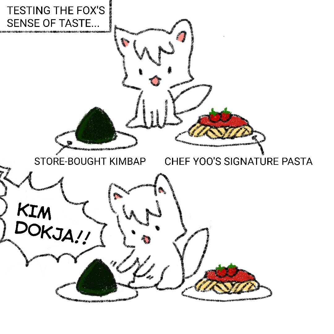 White Foxja is asked to choose between a store-bought kimbap and Chef Yoo's signature pasta, and he chooses the kimbap because there are tomatoes on the pasta. Chef Yoo yells, "Kim Dokja!"