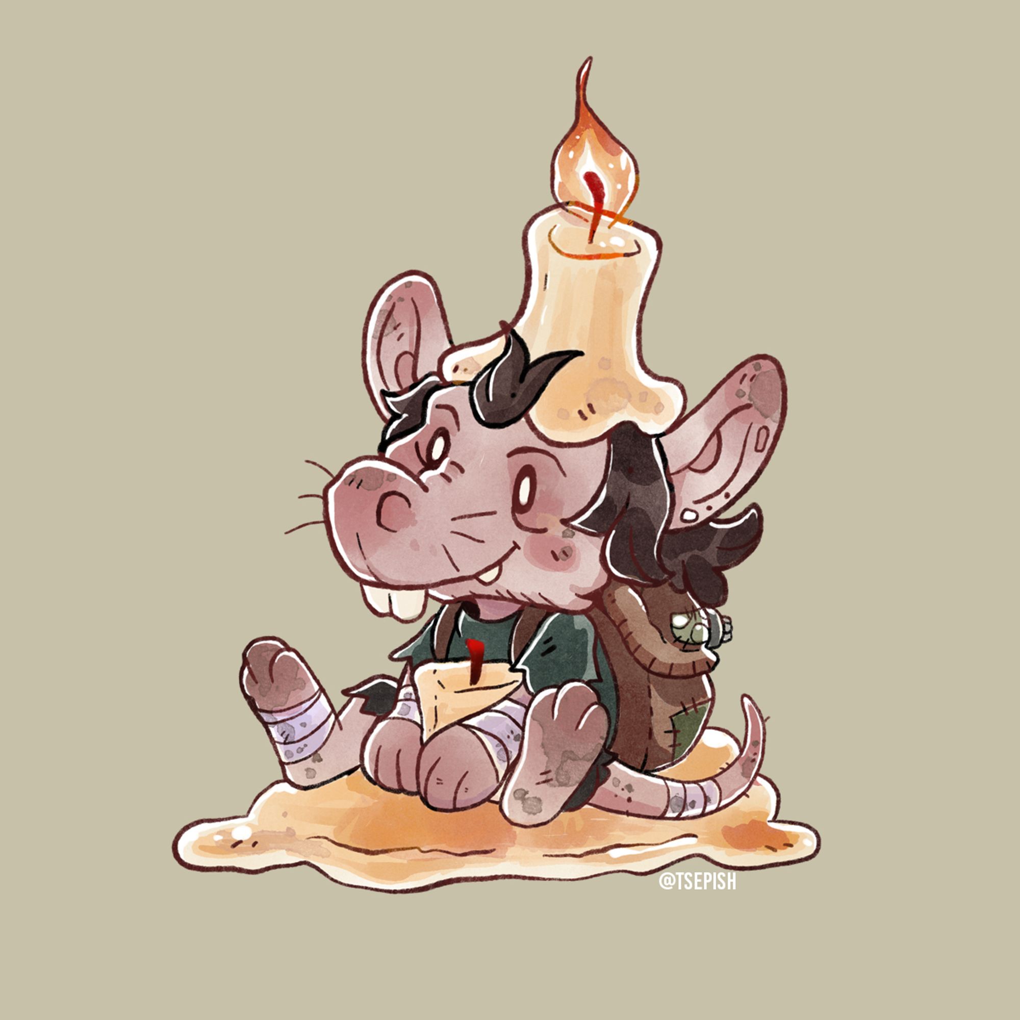 a small kobold sitting hugging a candle