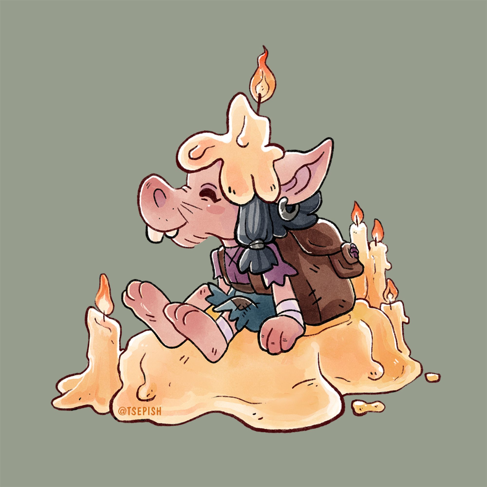 a small kobold sitting on a mound of wax with candles around them, smiling