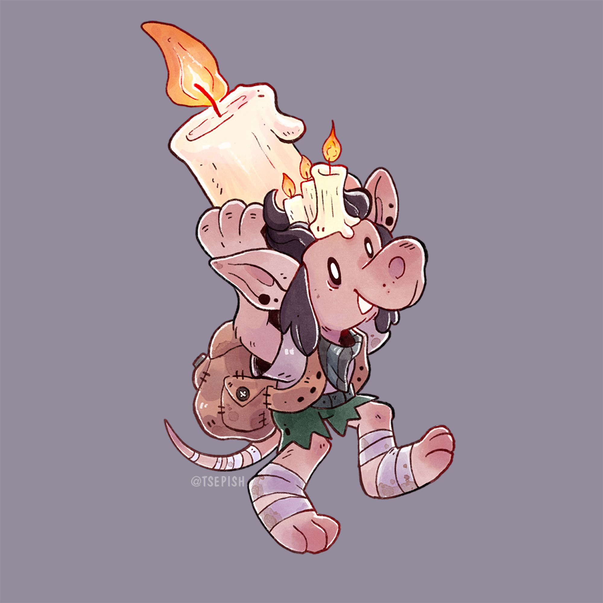 a small kobold creature carrying a large candle over its head