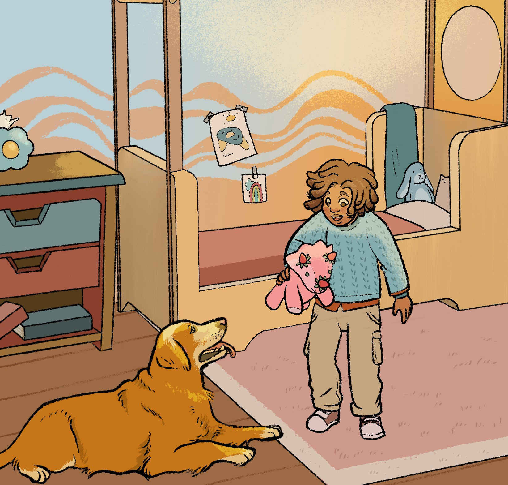 image of a child and dog in the child's bedroom. They are playing with a pink triceratops toy