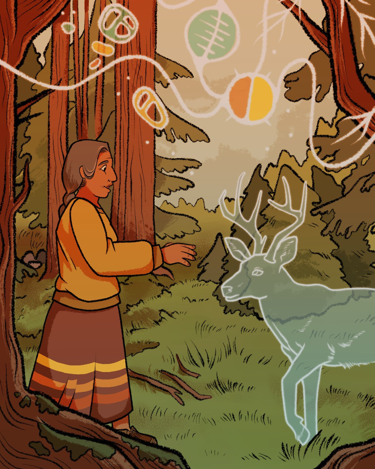 image of an older woman speaking to a deer spirit in a forest