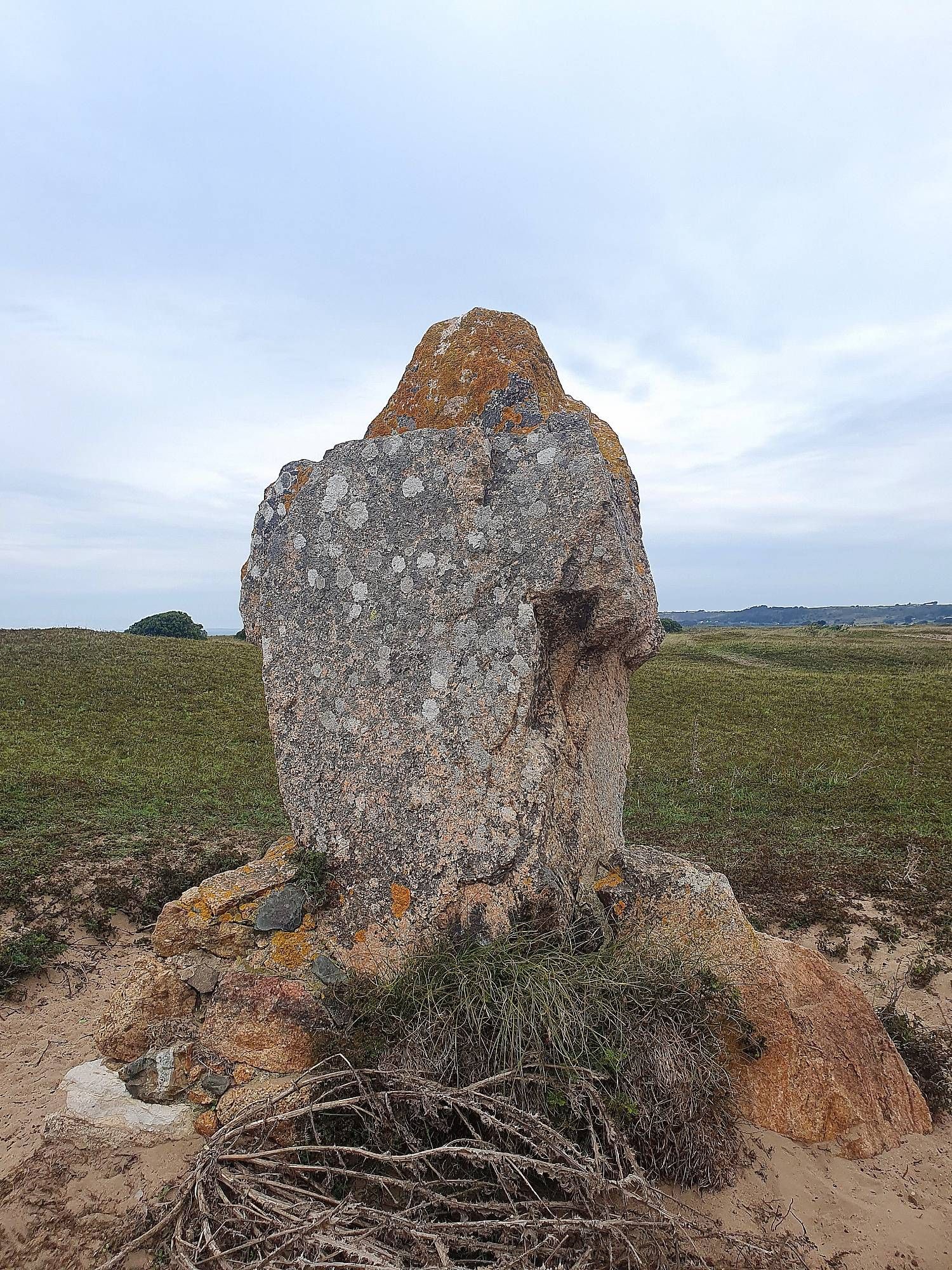 A standing stone made of grey lichen-spotted granite, set into dune sand with grass behind