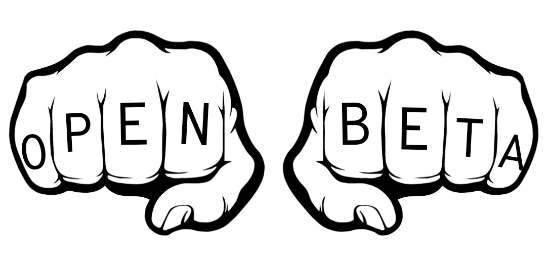 Clipart fists with text on the knuckles that says "open beta"