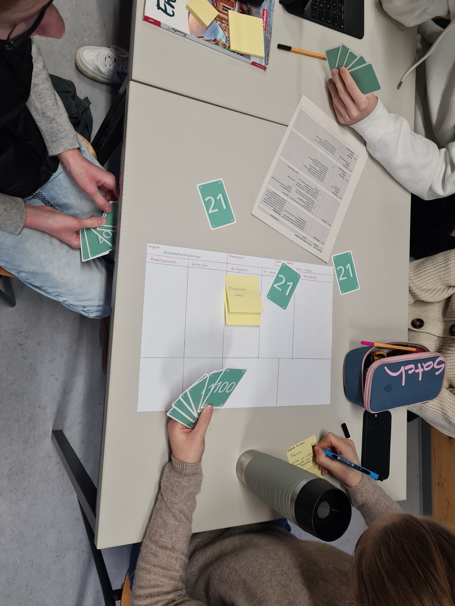 Drei Schüler und Schülerinnen sitzen am Tisch um ihr eduscrum flip herum und spielen scrum poker. Drei Karten mit 21 liegen auf dem Tisch,  die restlichen Karten sind in der Hand aufgefächert.