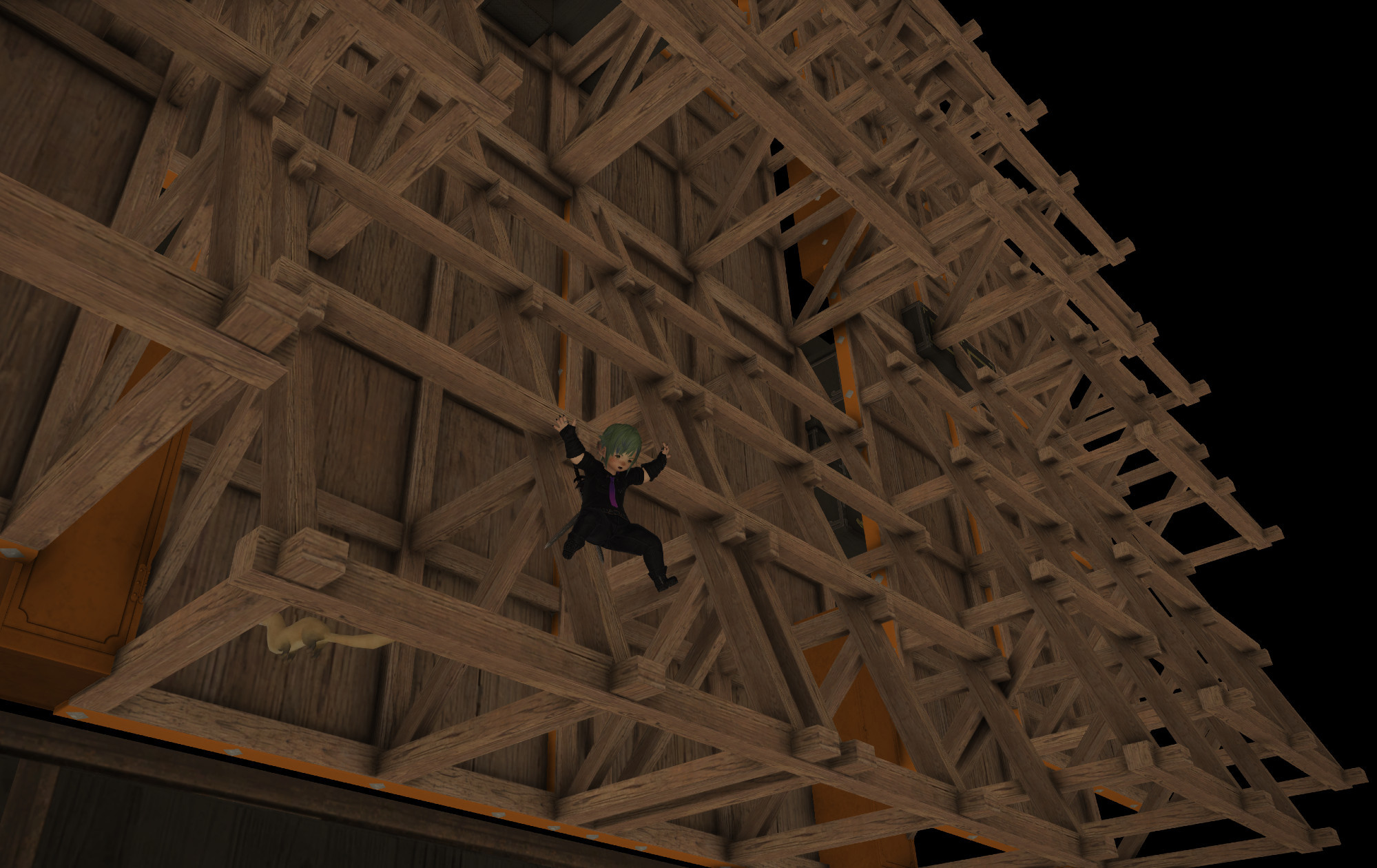 A FF14 Lalafell caught in freefall behind some scaffolding in a custom platforming puzzle.