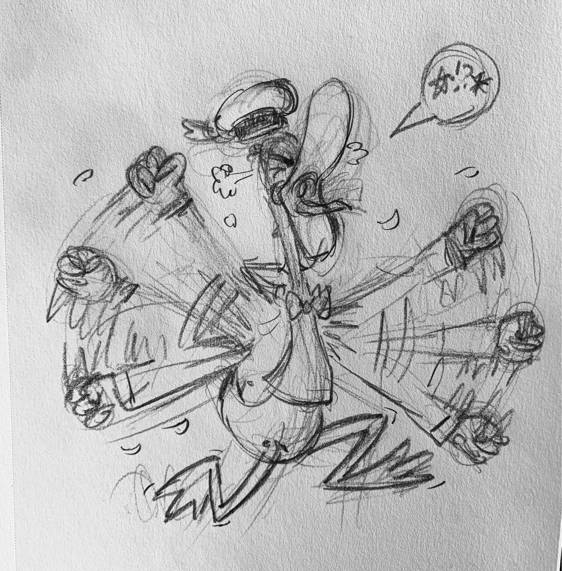 A sketch of Donald Duck losing it in a fit of rage