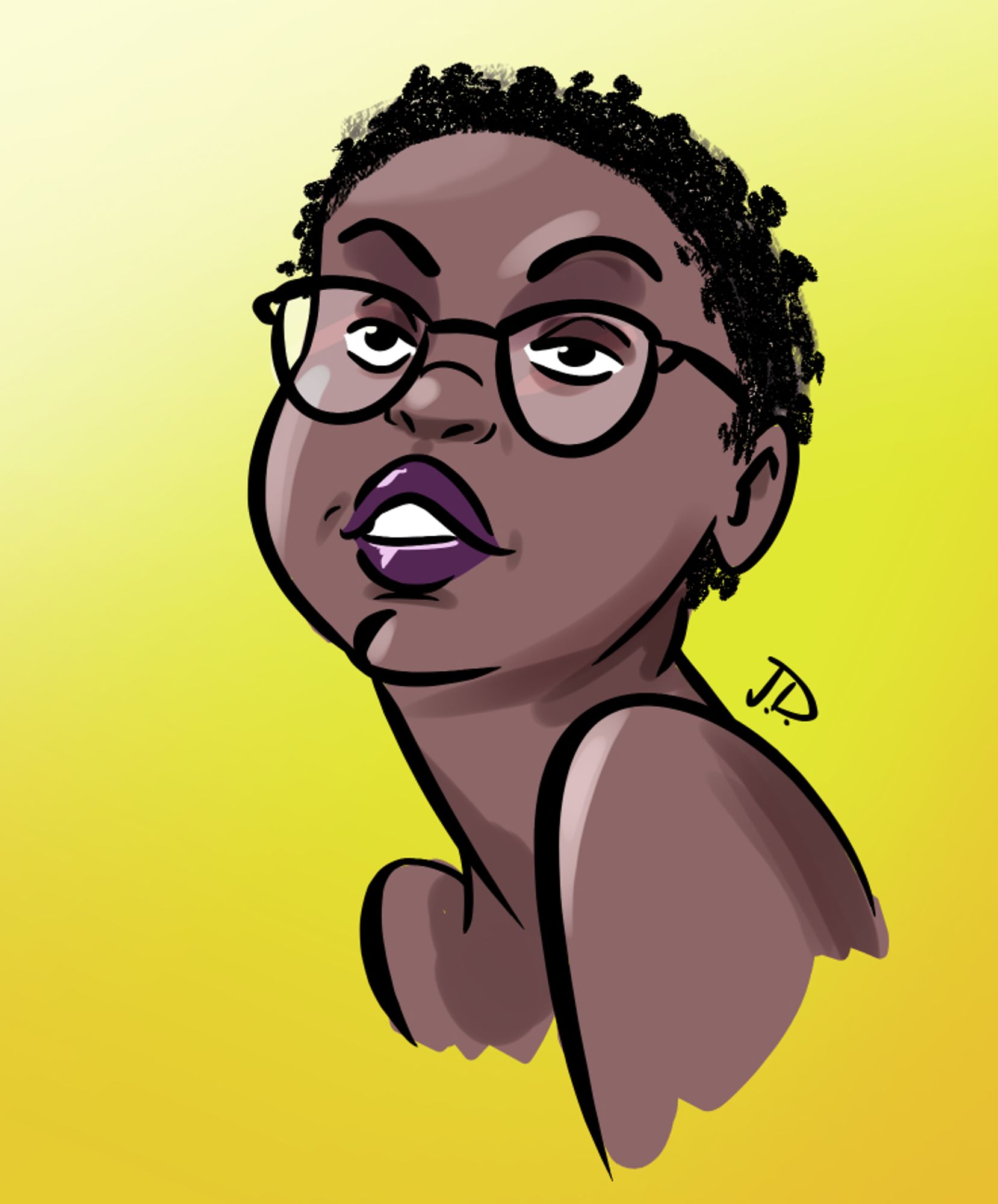 an illustrated avatar of a black woman in glasses