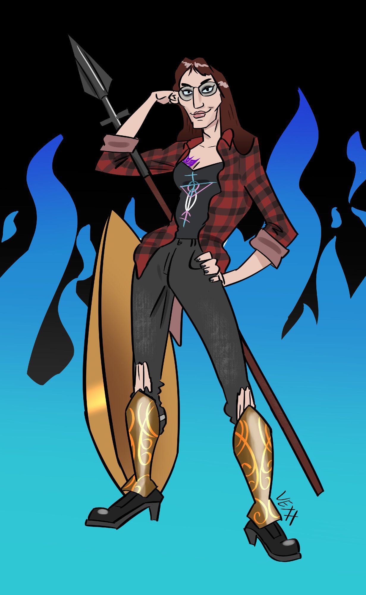 full figure illustration of a woman with a spear and shield in front of fire