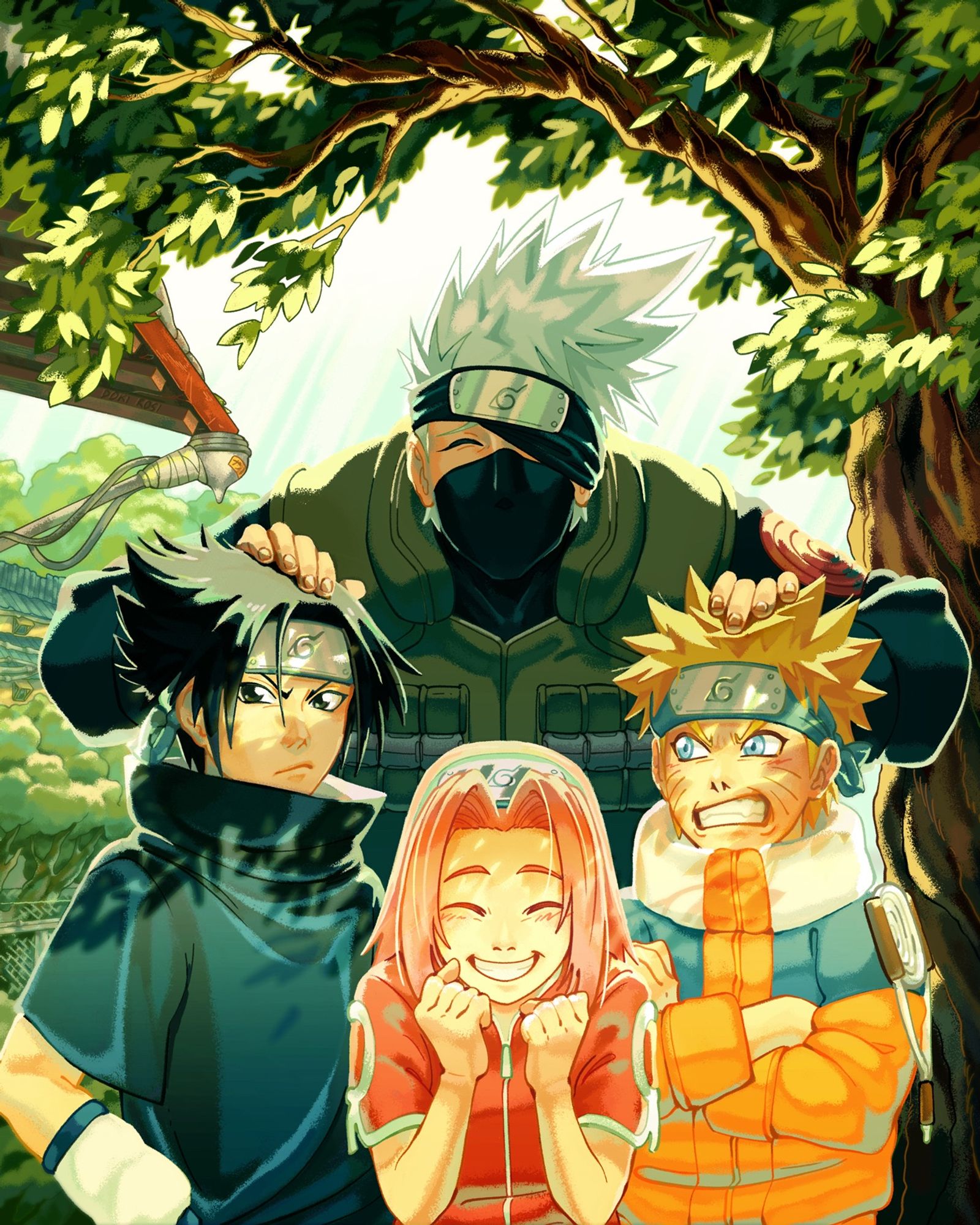 Naruto, Sasuke, Sakura and Kakashi posing for the team seven picture