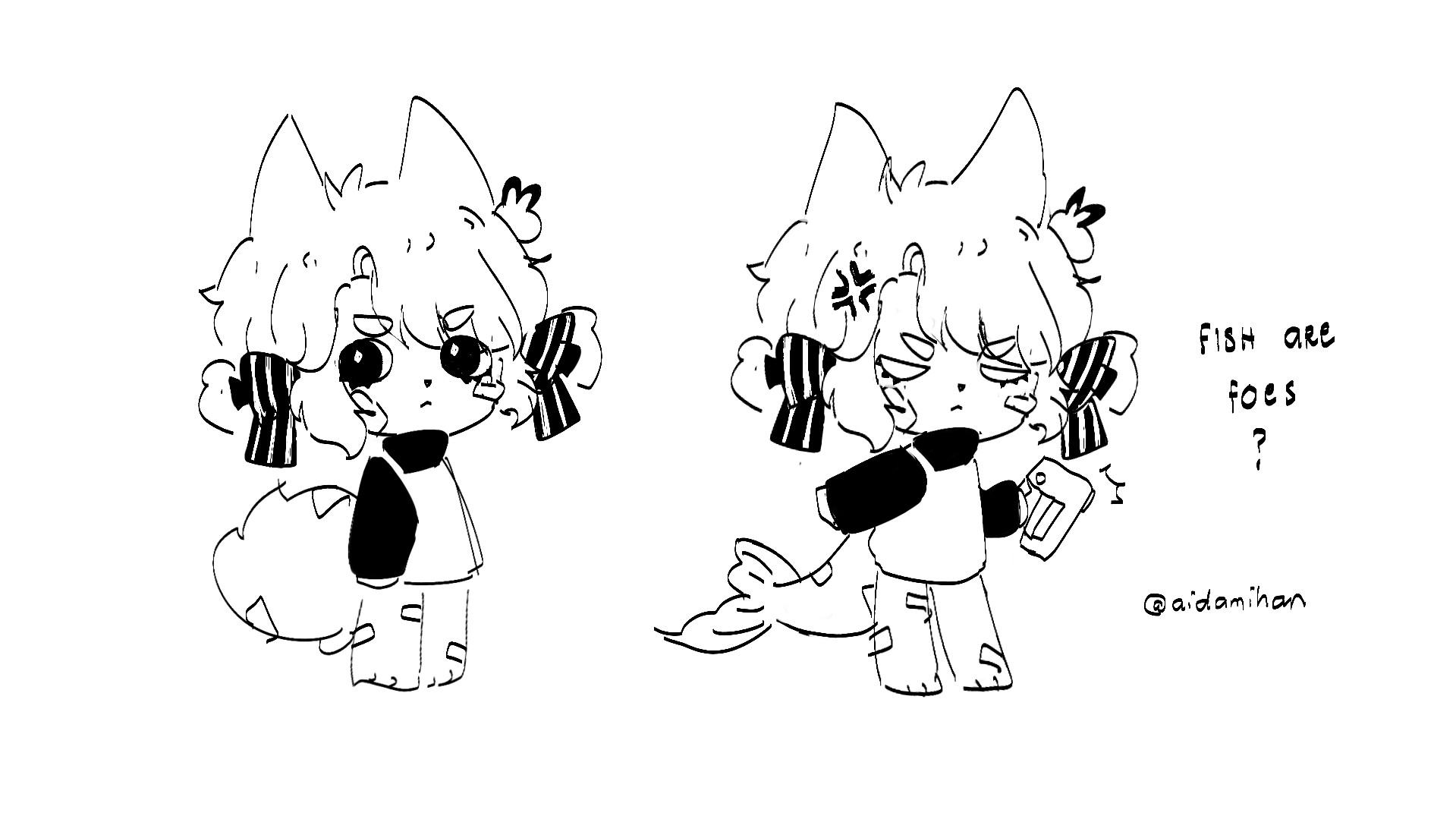 Chibi sketches of a furry girl in pigtails, the right version looks angry and is holding a stapler gun