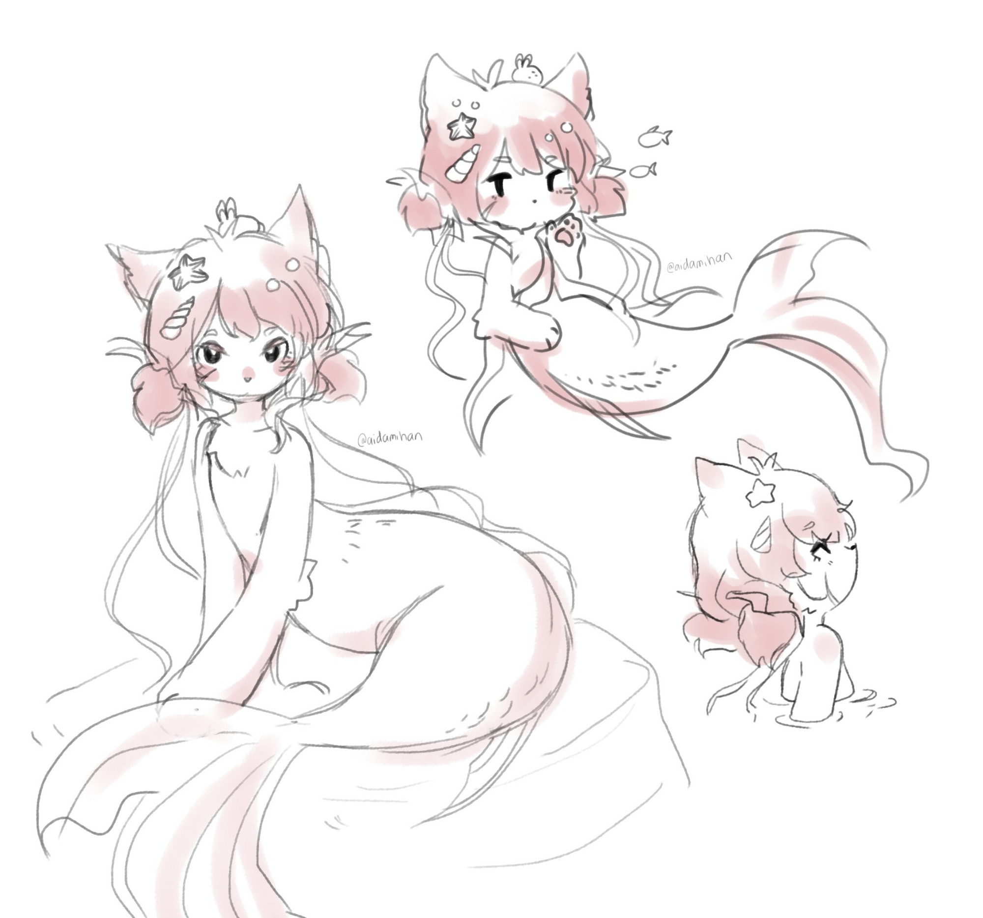 Sketches of a pointy-eared, anthropomorphic, furry mermaid in pigtails with shells and sea creatures on her hair and a light pink shading tone