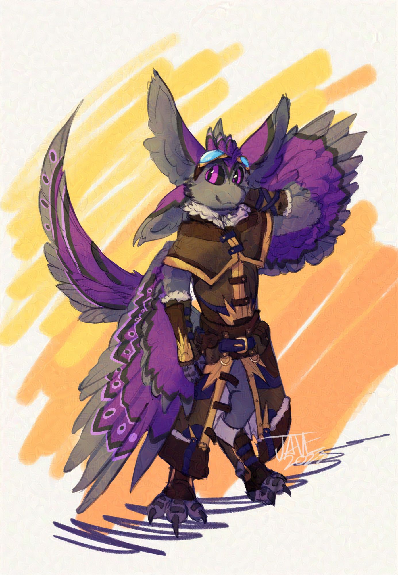 a purple and grey avali looking past the viewer. he has a brown leather coat with gold accents and goggles atop his head