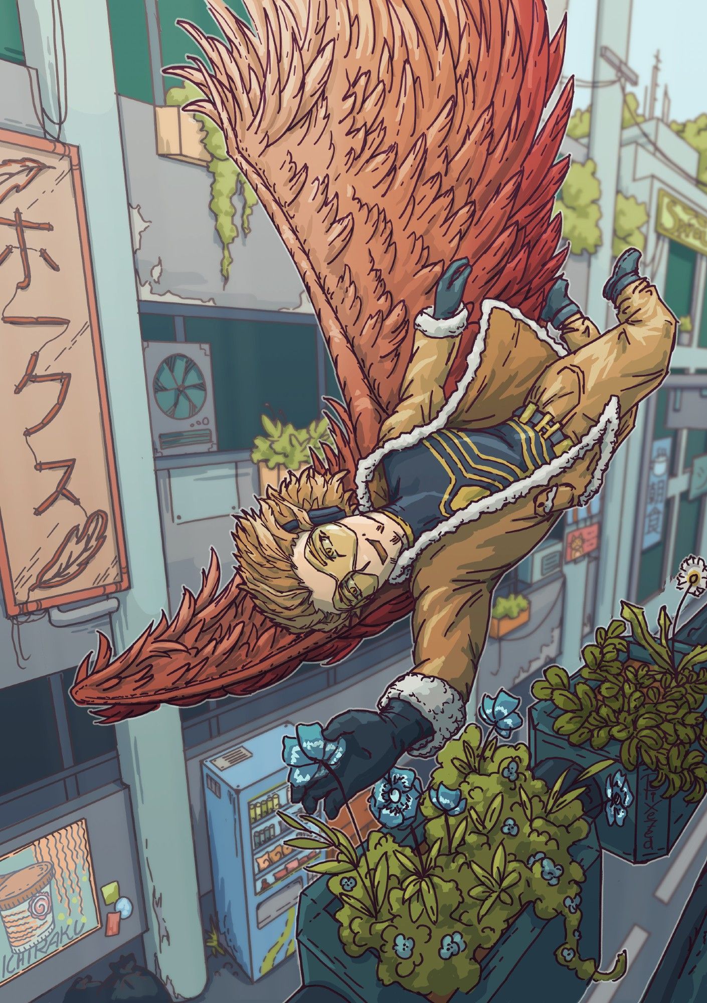 Illustration of Hawks from BNHA flying through a narrow back alley between houses, in flight he is reaching towards a flower pot on the balcony to pick a flower