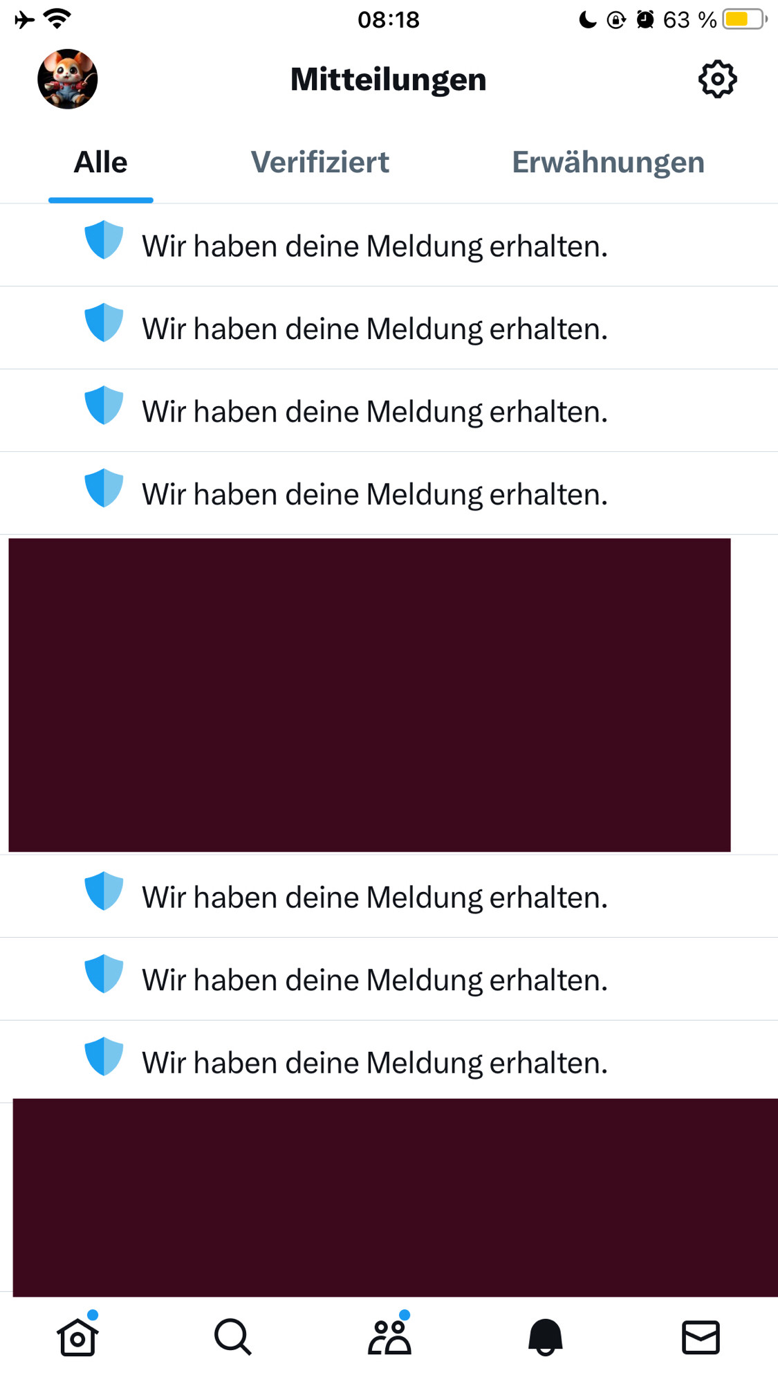 Das Mitteilungscenter von Twitter fast ausschließlich nur noch mit Rückmeldungen von Twitter über von mir gemeldete Spam-Posts