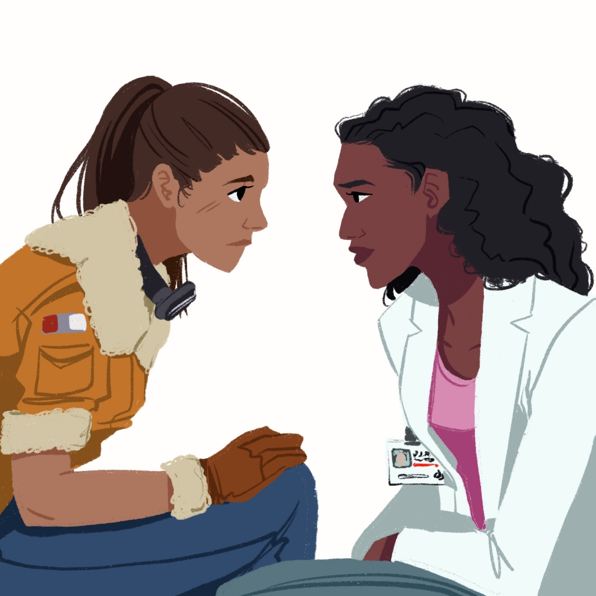 Art of Karim and Usafi from my novel, MICRO KILLERS. Usafi is on the left, her hair is in a ponytail and she's wearing pilot gear. Karim is on the right wearing a doctor's coat