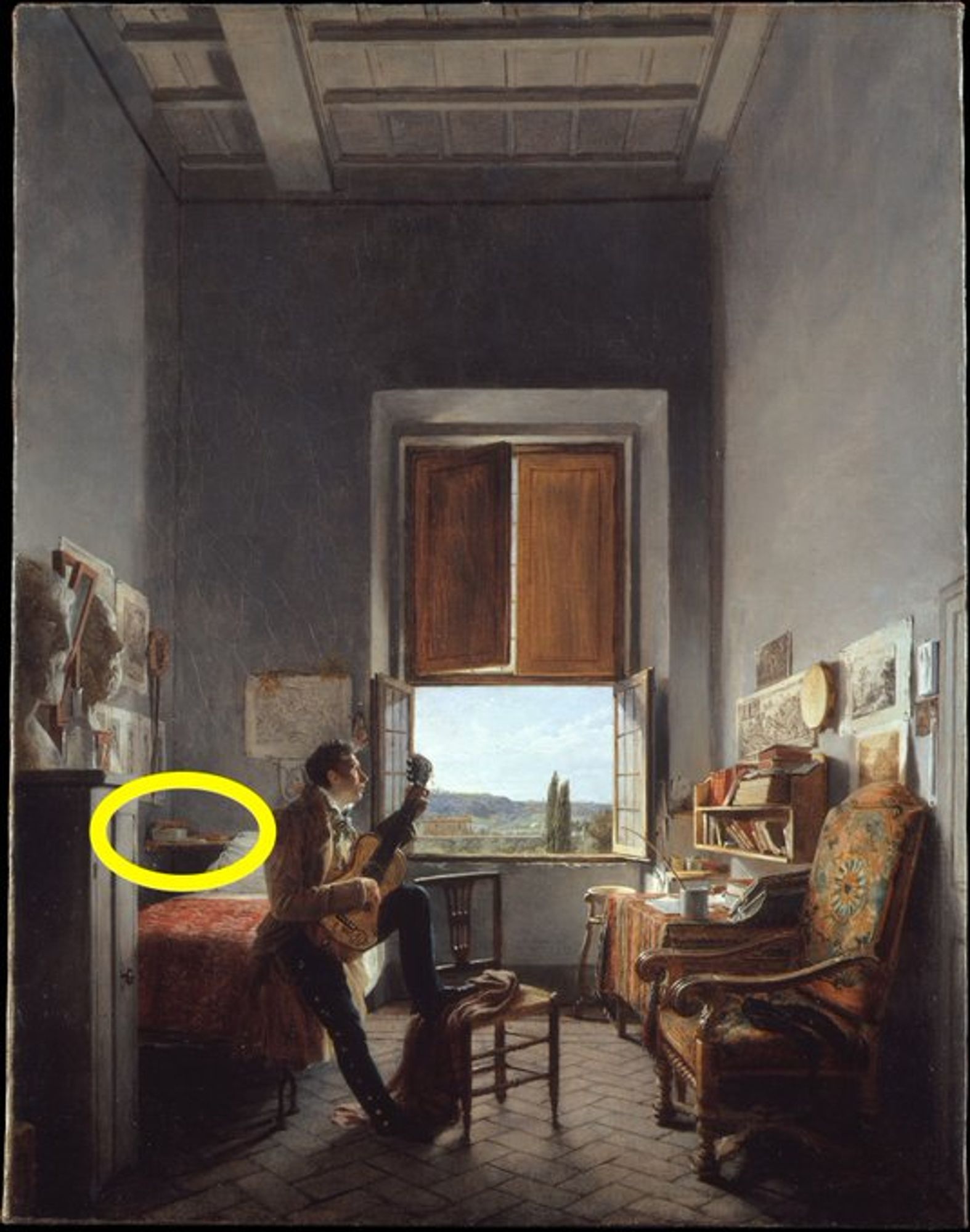 Highlighted is on the painting an area with 2 novels and fresh paper sheets.