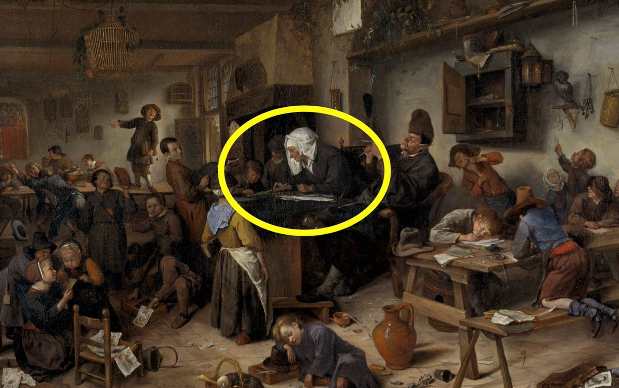 Highlighted is the middle of the painting: a teacher at a desk.