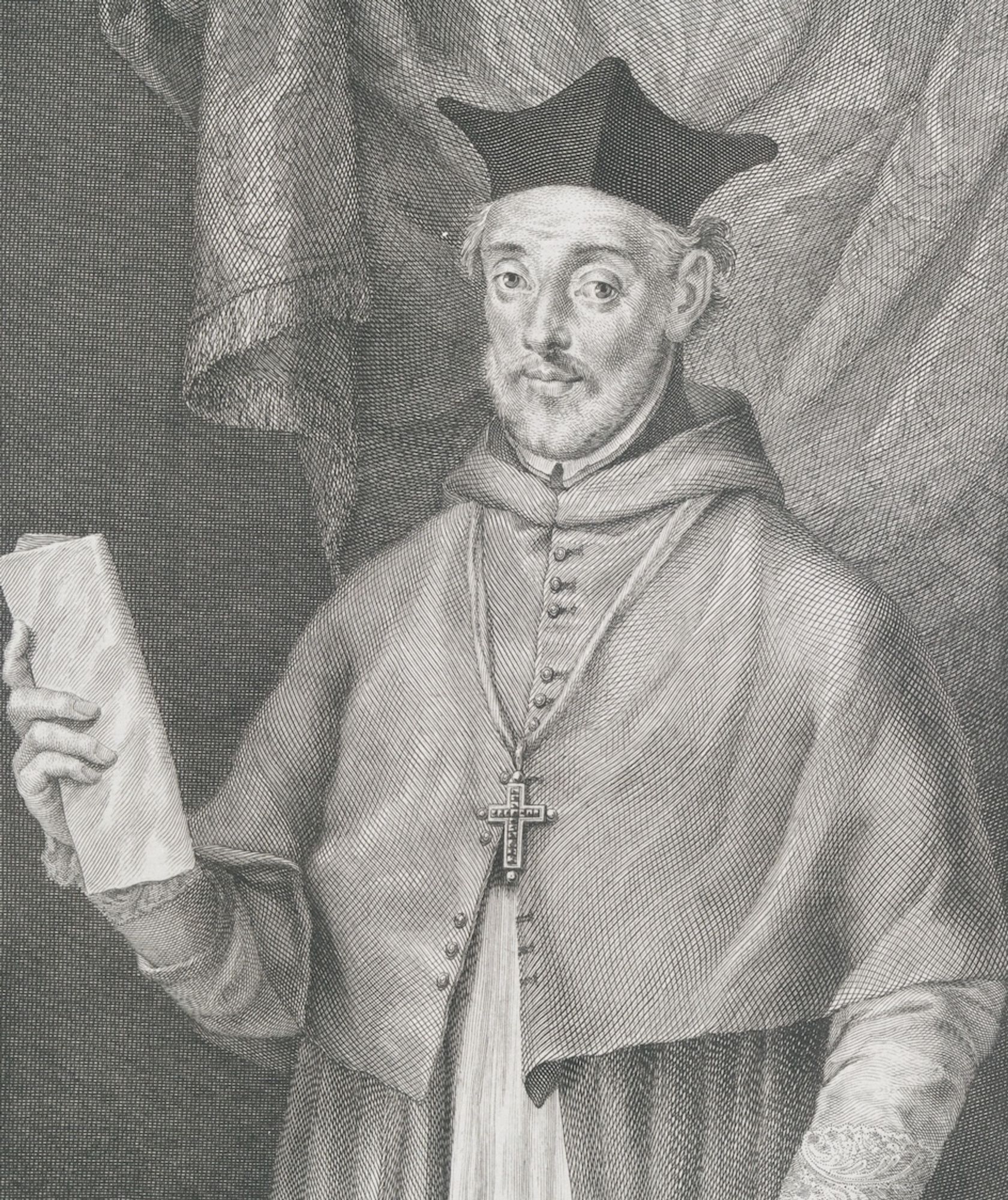 Engraving of D. Diego Covarrubias y Leiva showing him holding a paper sheet, looking a bit bewildered (https://digitalcollections.nypl.org/items/510d47dc-9910-a3d9-e040-e00a18064a99)