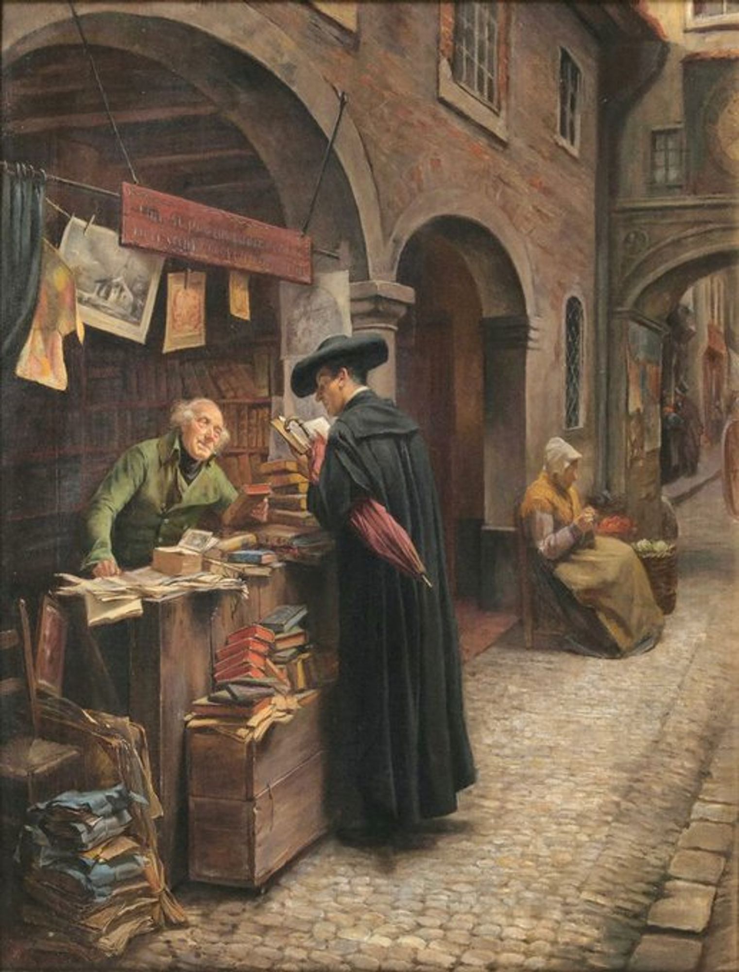 A painting from A.M. Wirth from the 19. century. A streetselling book shop is offering lots of old books. A bookseller and a potential customer can be seen.