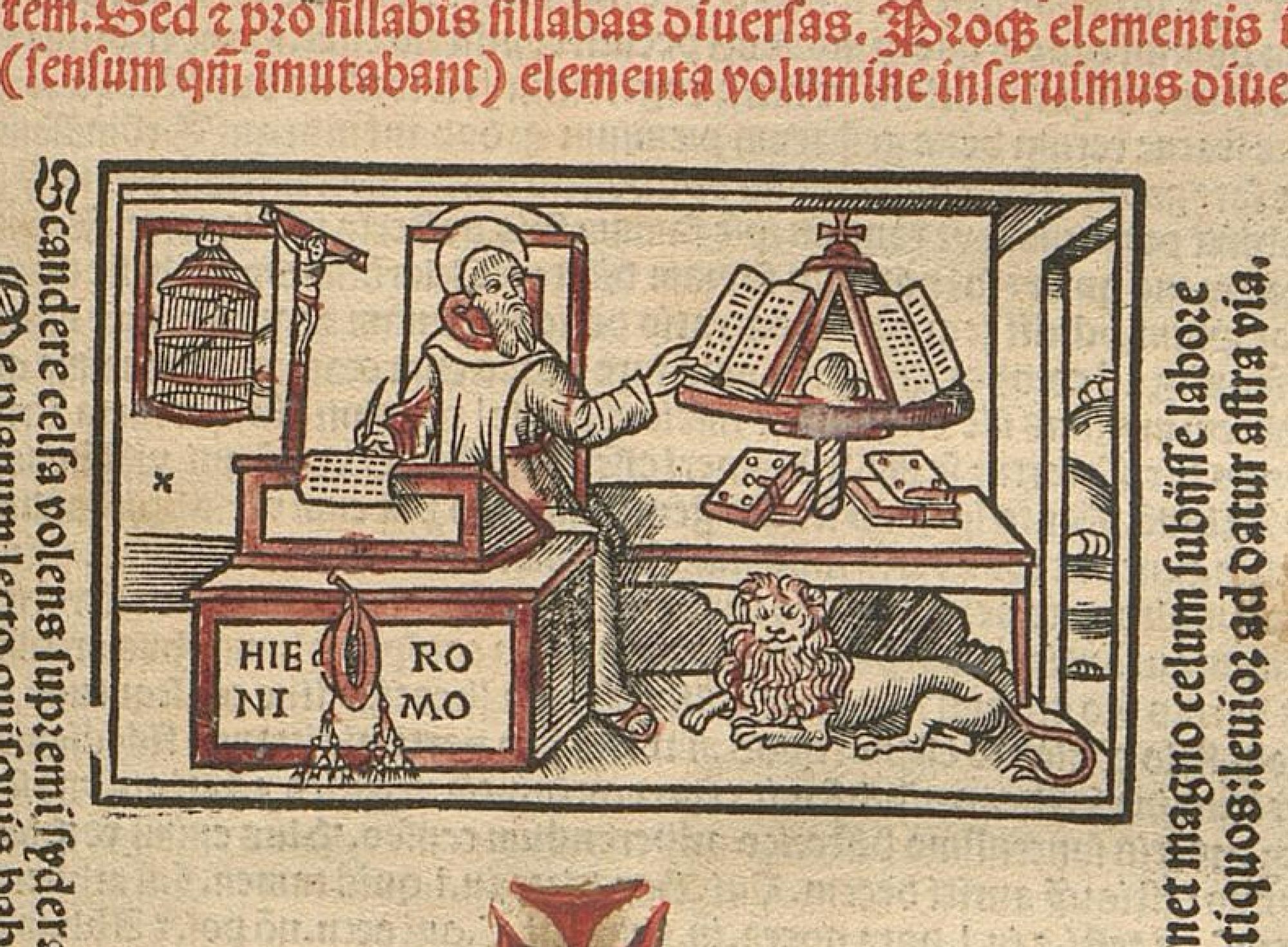 Detail from the titlepage of "Diui Hieronymi in vitas ..." (1512), https://digital.francke-halle.de/fsaad/content/titleinfo/388244 

Saint Jerome is working at his writing desk.