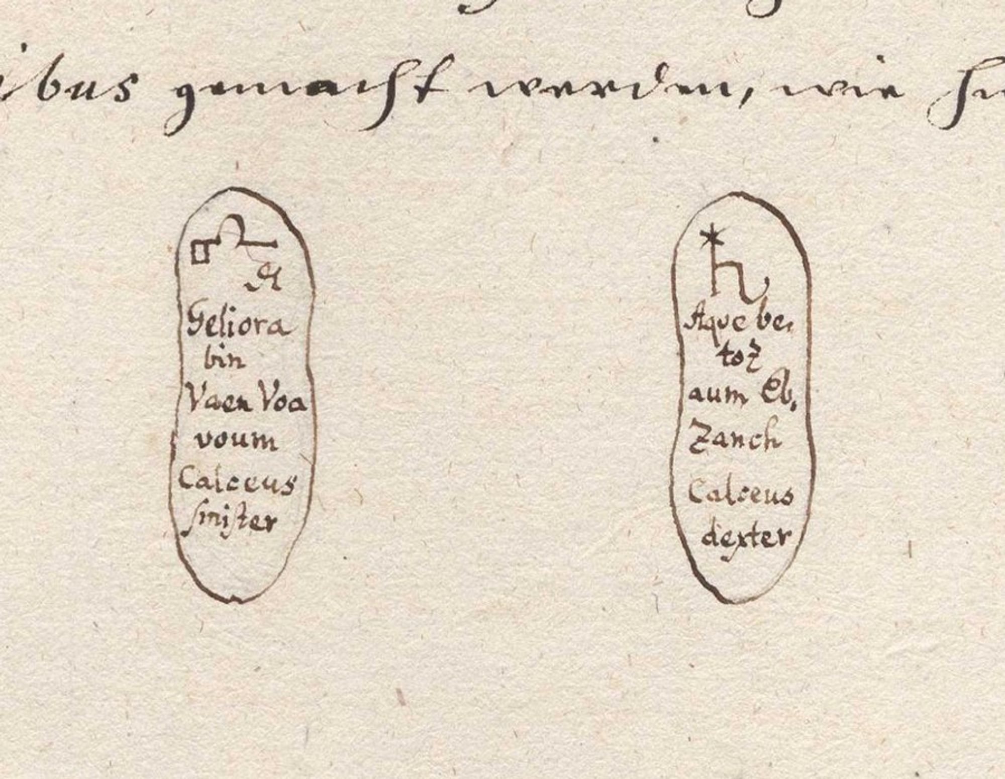 Detail of a manuscript titles "EXPERIMENTUM In der Luft zu fahren". The mansucript outlines a procedure for fabricating seven-league boots in order to ‘drive through the air’. One is to buy new shoes, inscribe some charactêres and voces magicae onto leaden soles (see the drawings), put the soles into the shoes and cover them with another pair of leather soles. There are no further prayers or ritual steps necessary: these miraculous shoes will simply take one wherever one wishes.