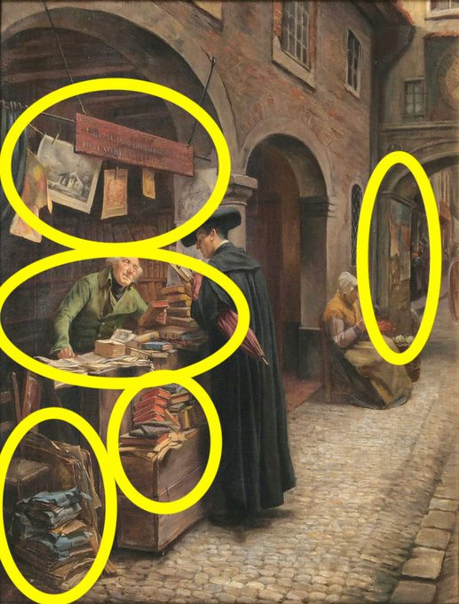 A painting from A.M. Wirth from the 19. century. A streetselling book shop is offering lots of old books. A bookseller and a potential customer can be seen. Highlighted are details of the painting that the thread addresses: paper products.