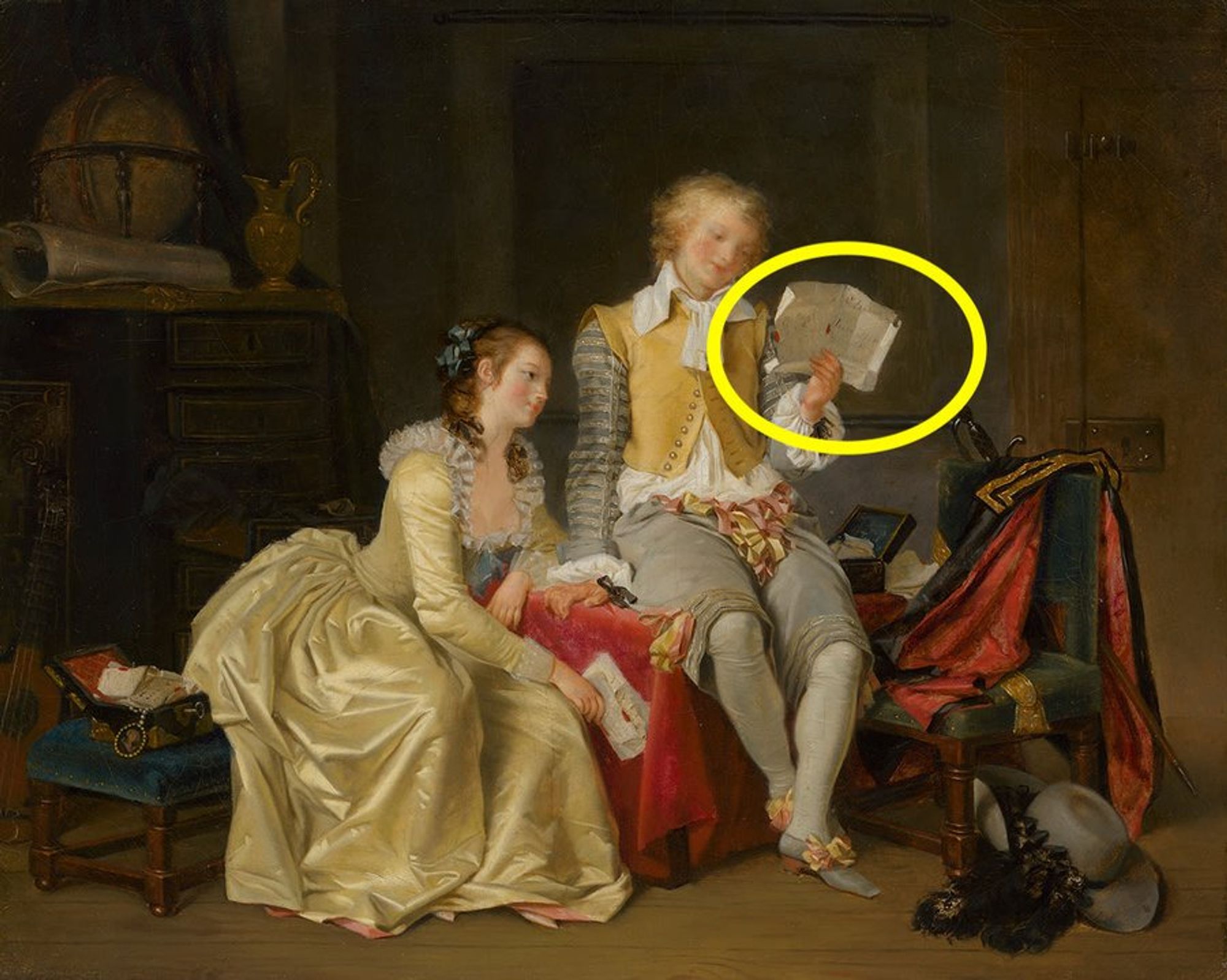 Highlighted is a detail of the painting with an unfolded letter.