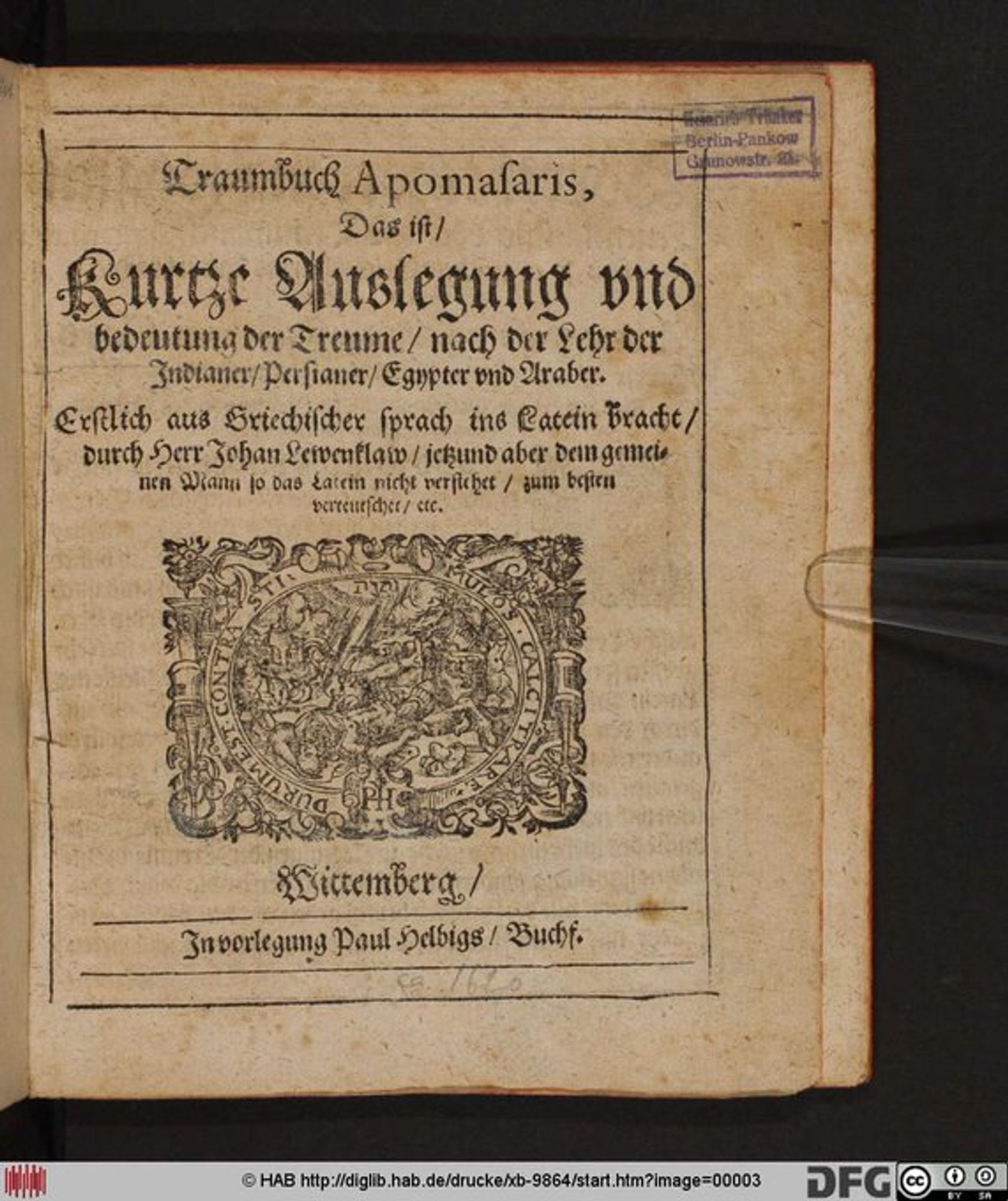 Title page of "Traumbuch Apomasaris" of 1607.