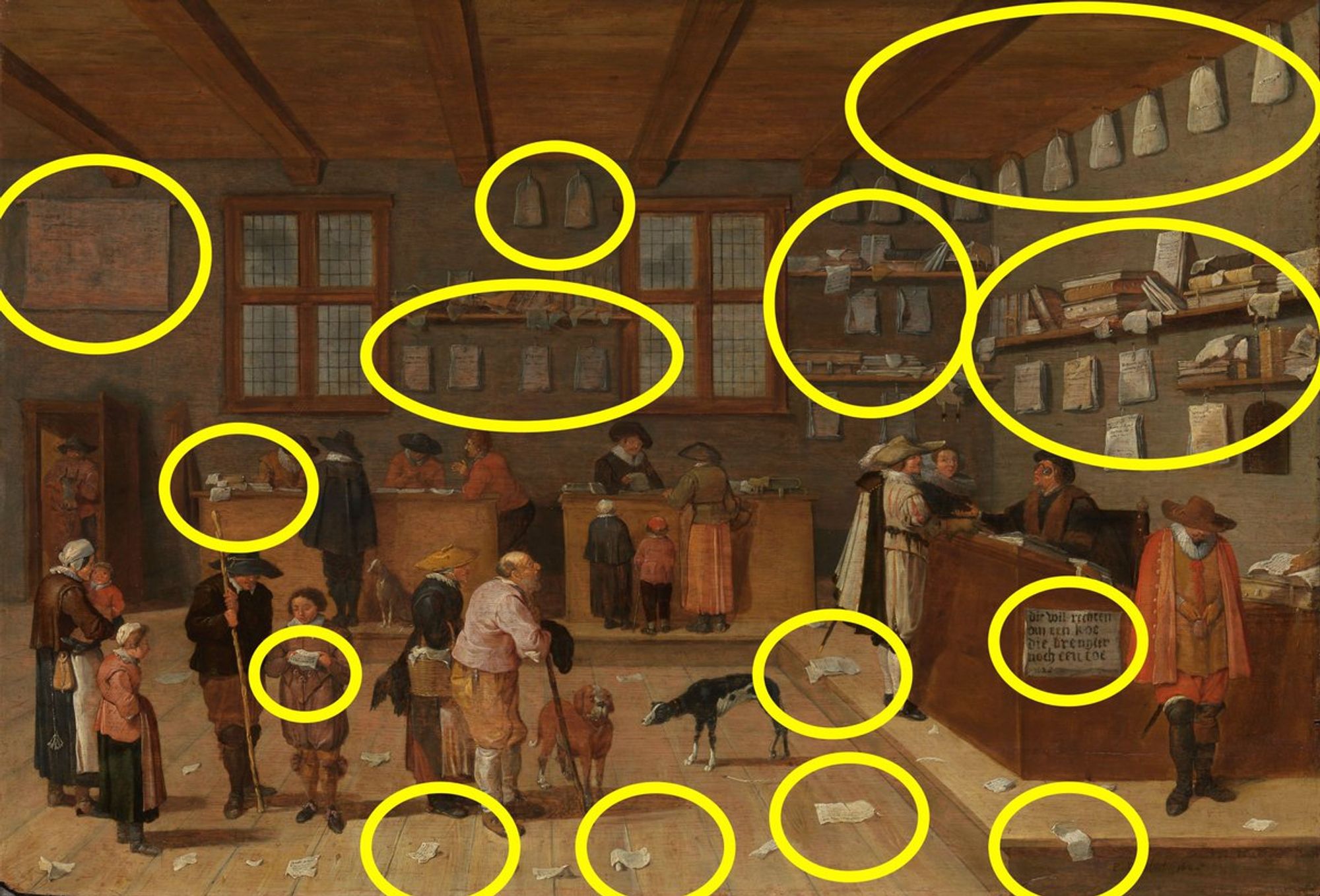 The inside of an early modern lawyer's office: people waiting in line, lots of paper products on the floor, on the desks, at the walls. Highlighted are the details of this thread