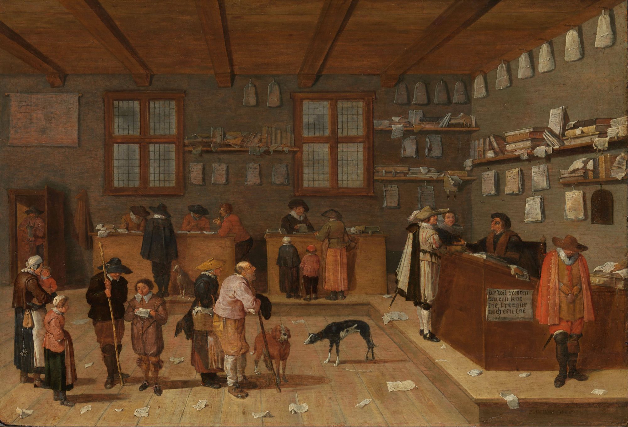 The inside of an early modern lawyer's office: people waiting in line, lots of paper products on the floor, on the desks, at the walls.