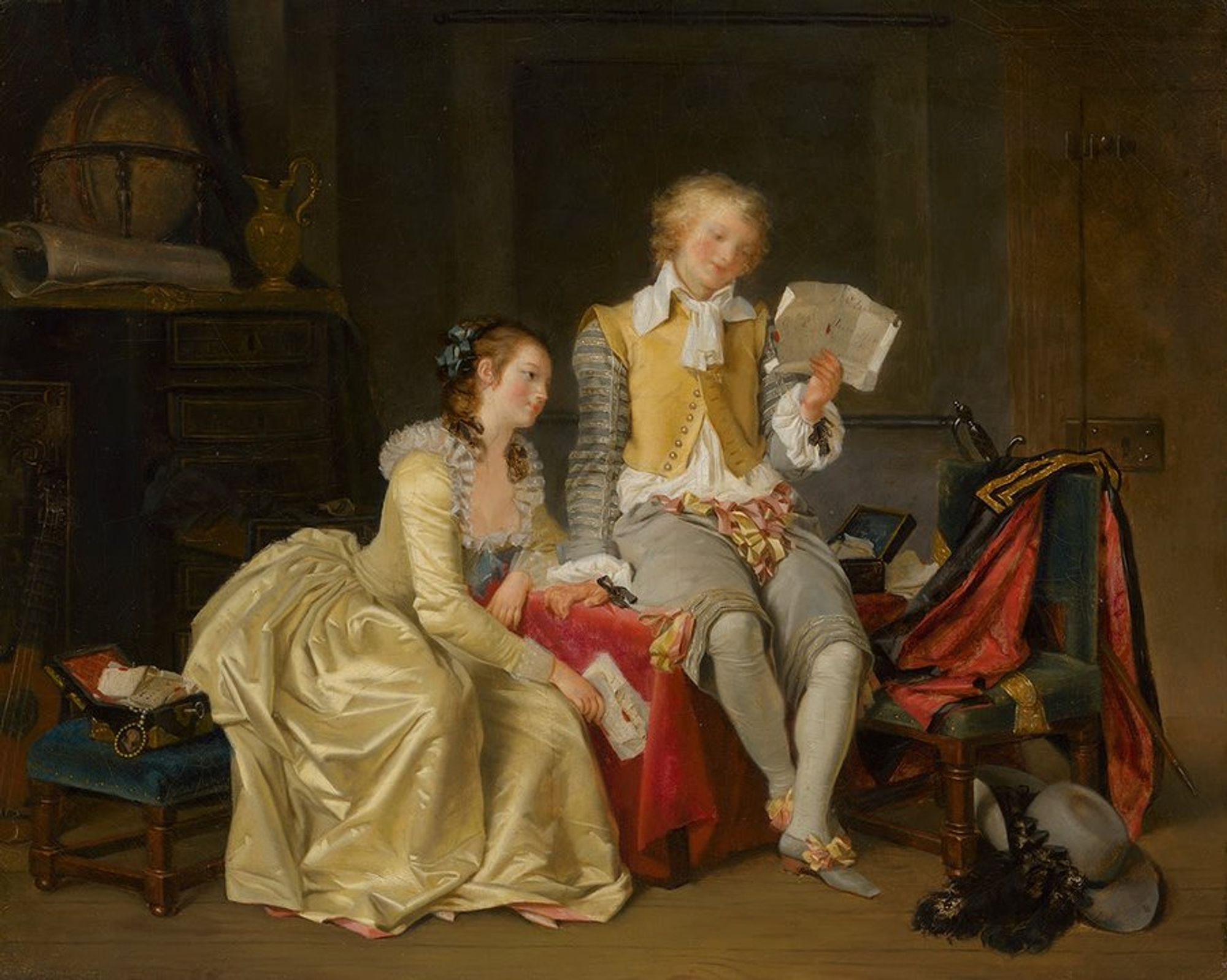 Marguerite Gérard's painting from c. 1785, nowadays in the Bayerische Staatsgemäldesammlungen - Neue Pinakothek München, shows a wealthy young man and a welathy young woman inside of a building. She is holding a letter, and he is reading a letter.