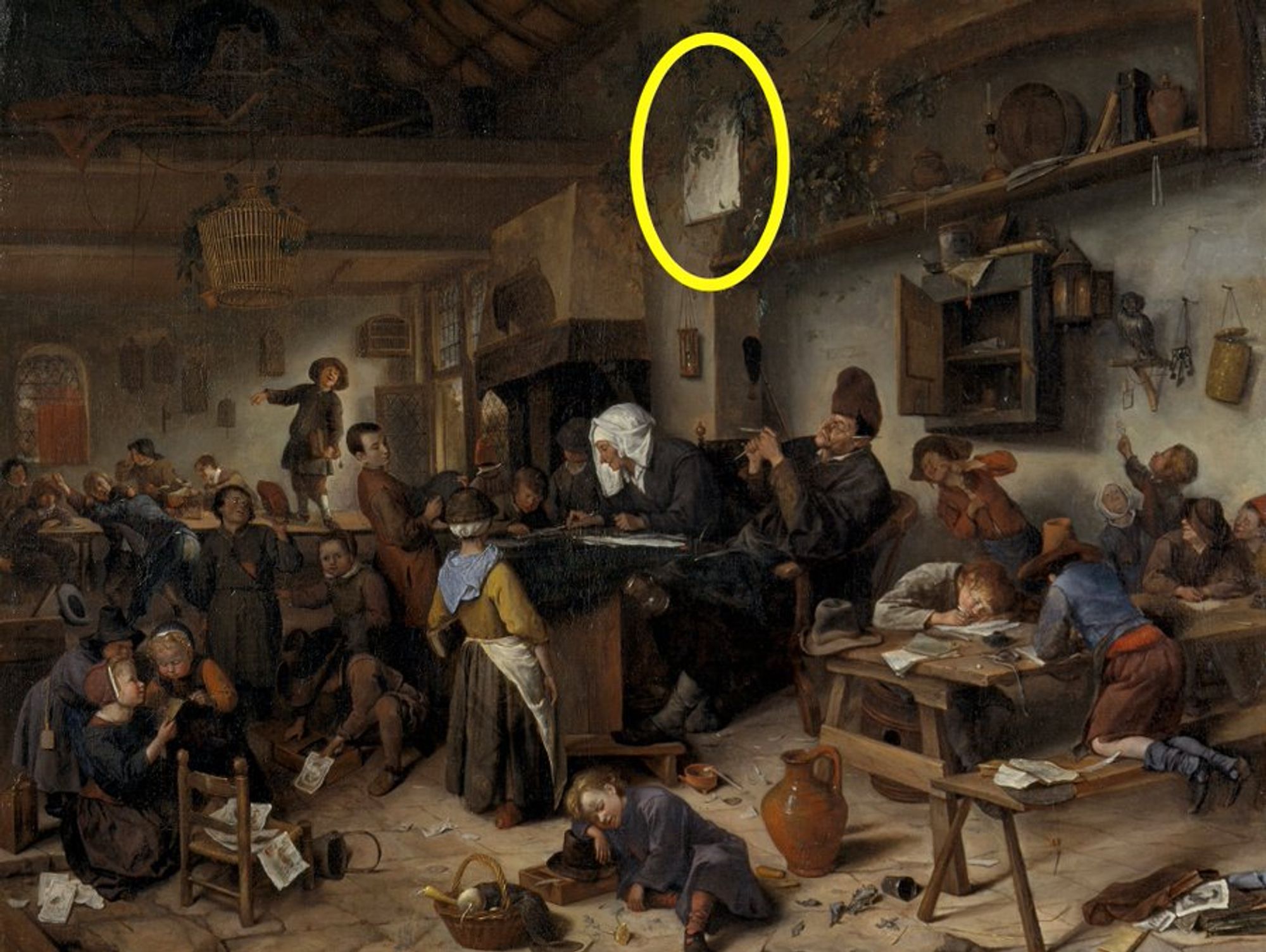 The school room is shown, and highlighted is a detail on the wall: a broadside glued to the wall.